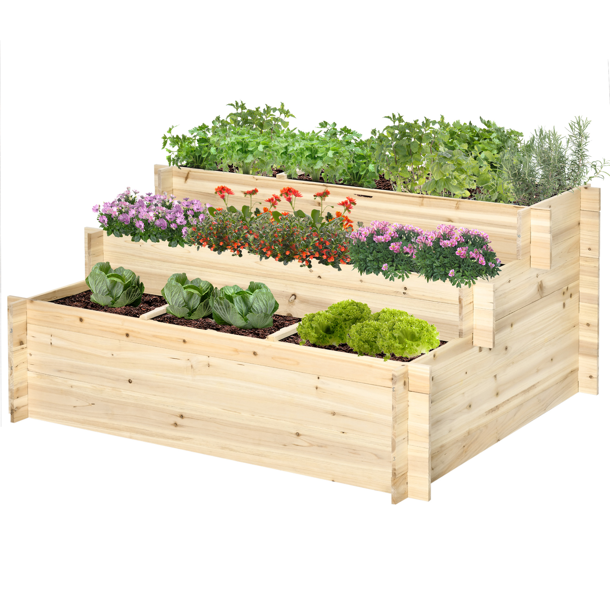 Outsunny Hochbeet 3-stufig Blumenkasten aus Tannenholz für Pflanzen und Kräuter, naturbelassen, 117x100x54cm, ideal für Garten   Aosom.de