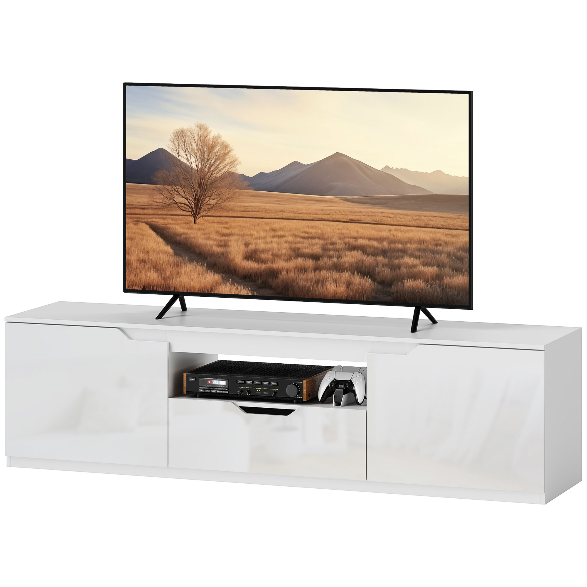 HOMCOM TV Schrank Lowboard mit 2 Türen, Schublade, 160 cm lang Fernsehtisch für Fernseher bis zu 65 Zoll, TV Board mit Kabelmanagement für Wohnzimmer, Weiß   Aosom