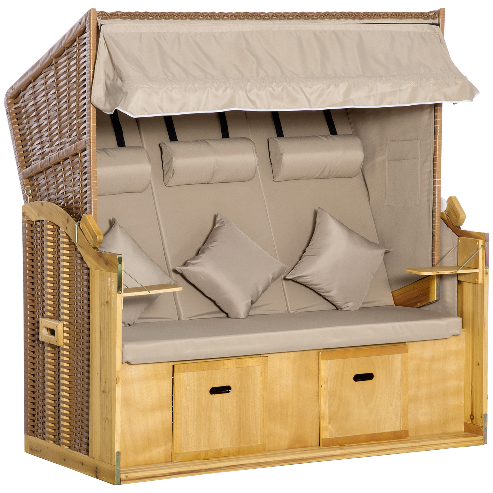 Outsunny Strandkorb 3-Sitzer Sonnenliege mit Dach und 2 Klapptischen, Fußstütze, XXL Polyrattan Natur, 150x79x160cm für Garten & Terrasse   Aosom.de