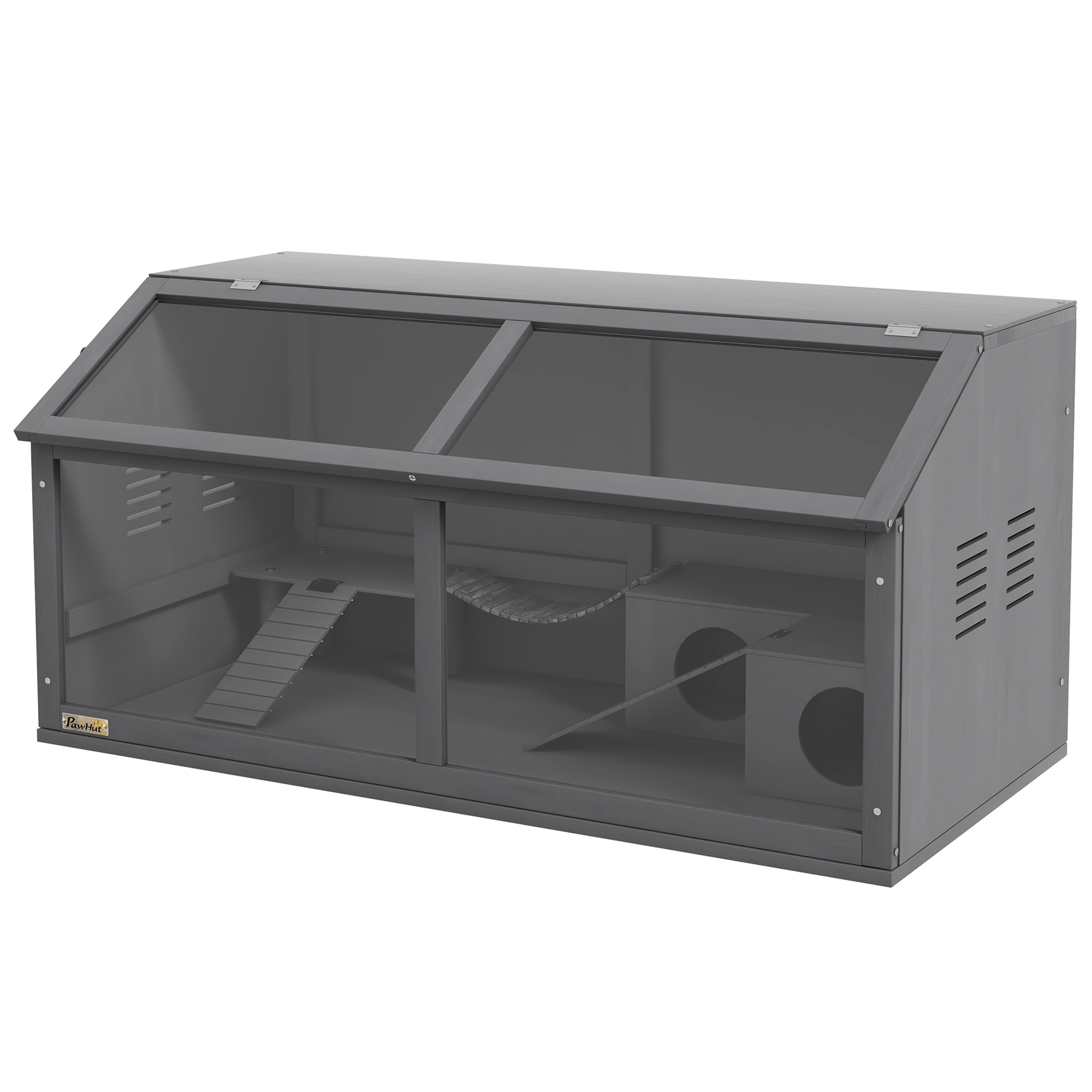 PawHut Hamsterkäfig aus holz, 100cm Nagerhaus, Kleintierstall, Spielhaus mit Hängebrücke, Leitern, zu öffnendes Dach, Hütte, Dunkelgrau   Aosom