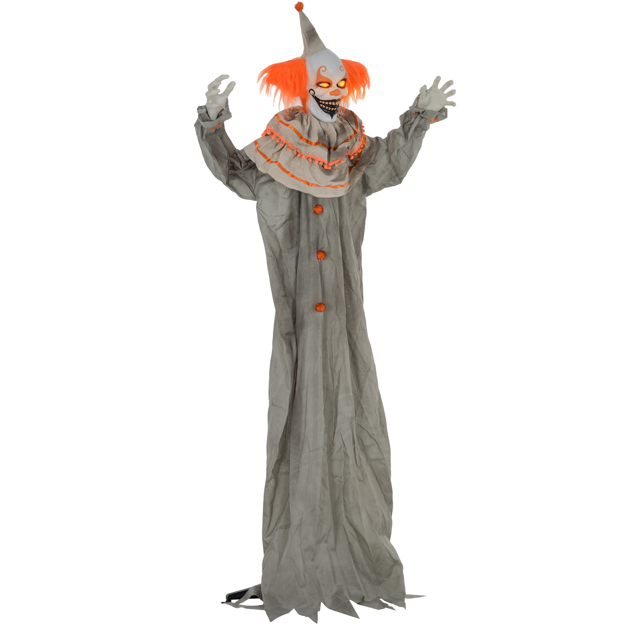HOMCOM 183cm Halloween Dekoration Stehender Clown mit LED-Lichter, Soundfunktion, Haustür Deko mit verstellbare Arme, Garten Dekofigur in Lebensgröße für Party, Orange+Grau Aosom