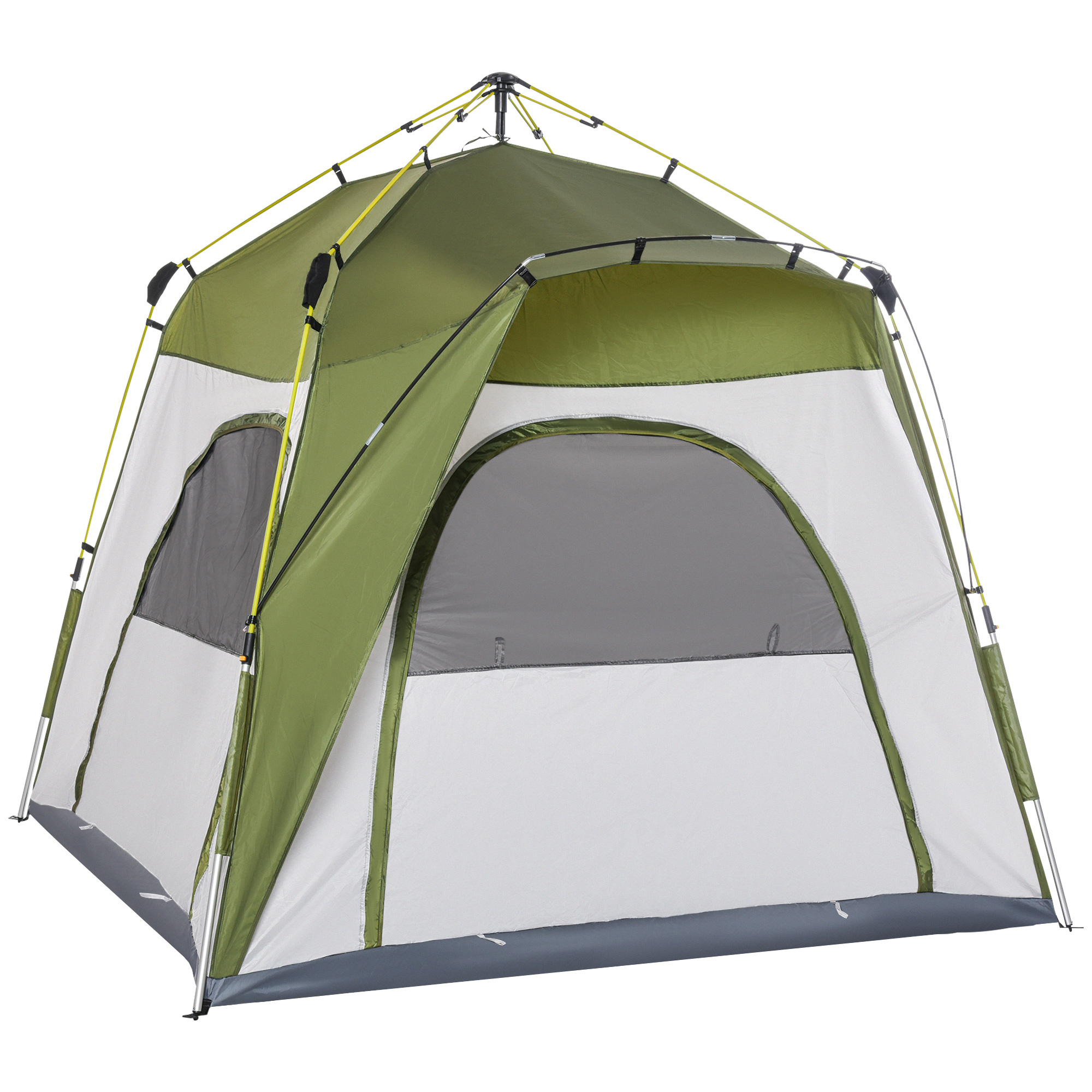 Outsunny Camping Zelt 4-Personen Familienzelt mit Fenster 240x240x195cm Aluminiumlegierung & Glasfaser einfach aufzubauen Grün Grau 190TPU1000mm   Aosom.de
