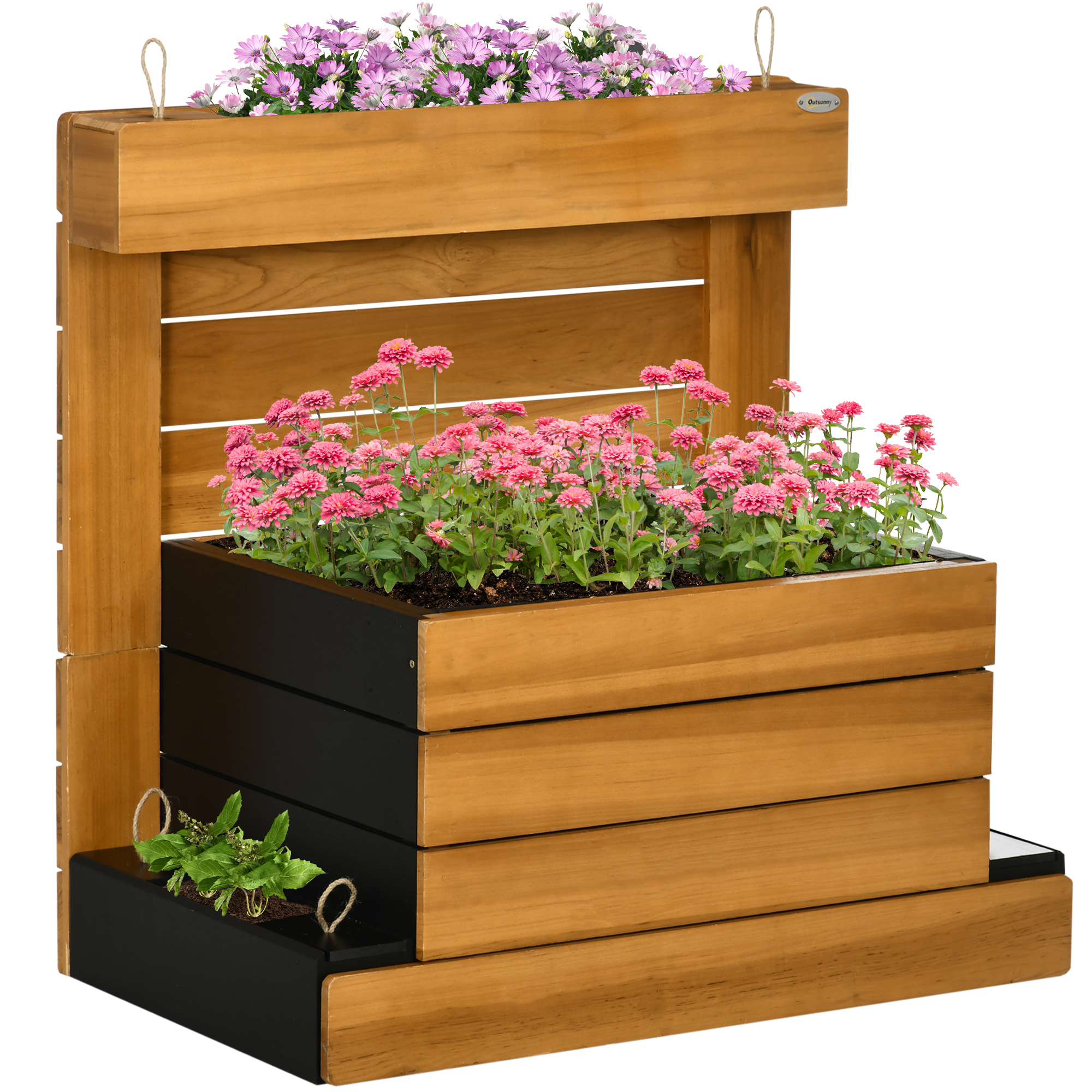 Outsunny Hochbeet mit 4 Pflanzkästen, Blumenkasten mit Selbstbewässerungssystem, Vliesauskleidung aus Holz, Braun, 79,5 x 49,5 x 80 cm für Garten Aosom.de