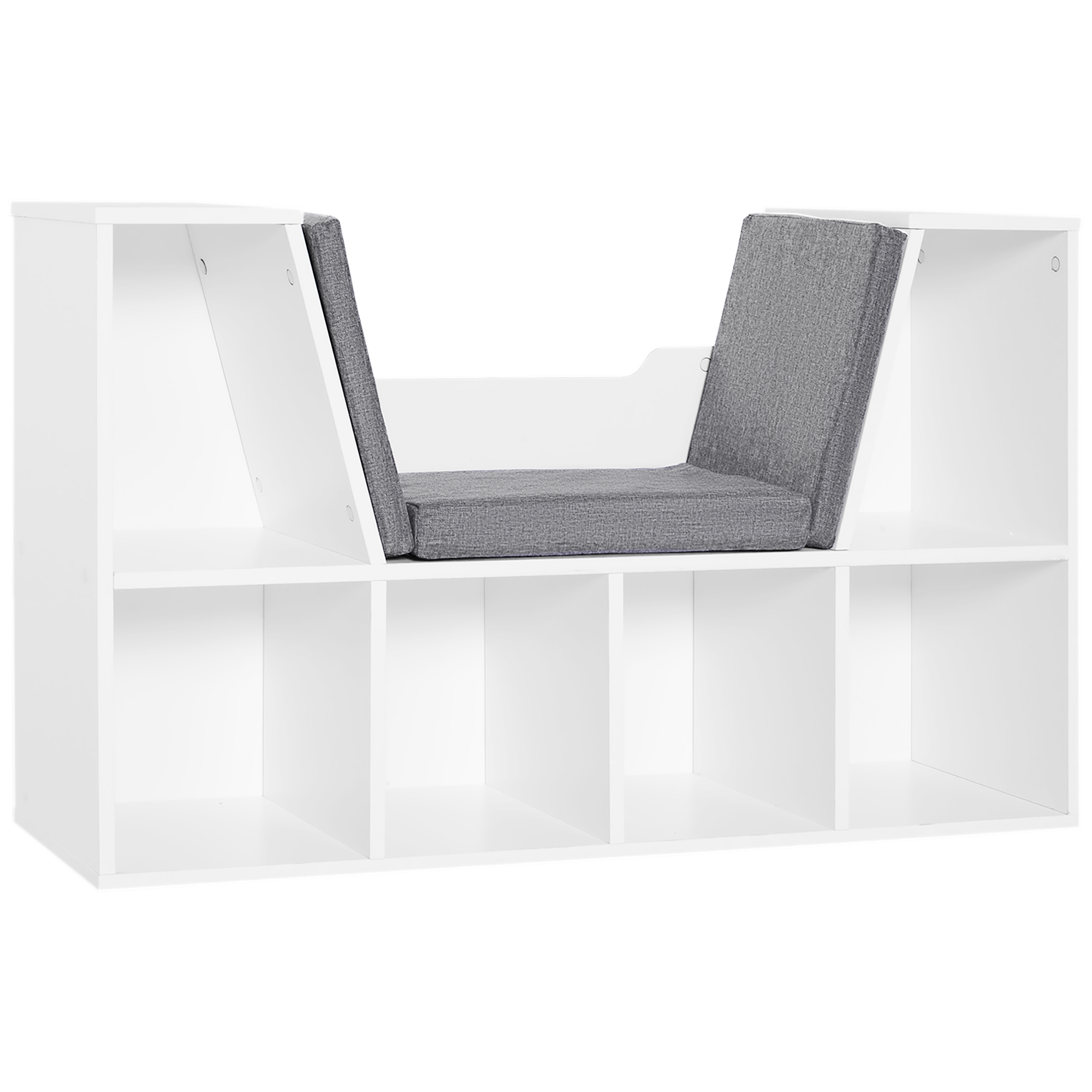 HOMCOM Bücherregal mit Sitzhocker Sitzbank Sitzbänke & -truhen mit 6 Stauräumen Sitzbar mit Kissen Schaumstoff Leinen Weiß+Grau 102 × 30 × 61 cm Aosom