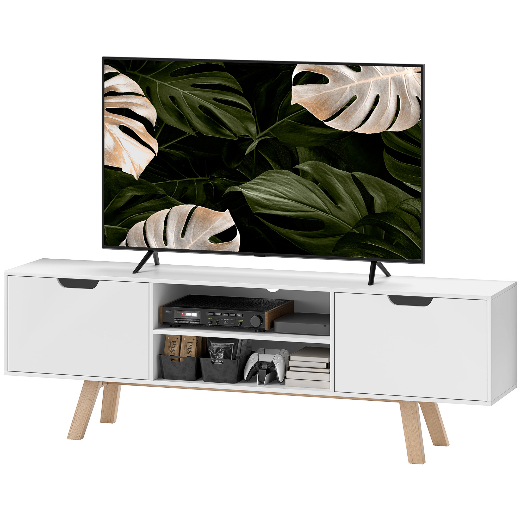 HOMCOM TV-Schrank, Fernsehtisch für Fernseher bis zu 65 Zoll, Lowboard mit 2 Schränken und 2 Regalebenen, Fernsehschrank für Wohnzimmer, 150 x 39 x 50 cm Weiß   Aosom
