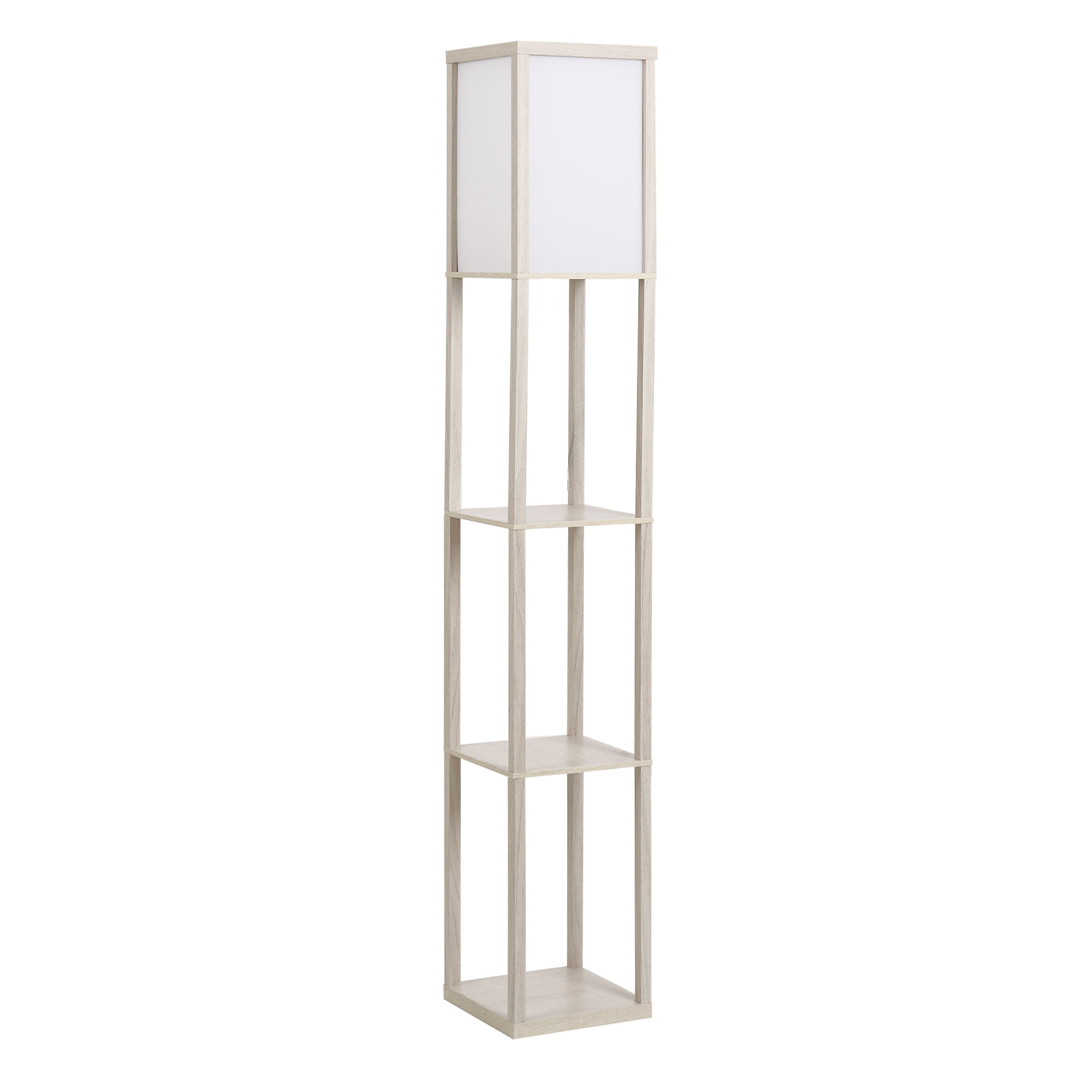 HOMCOM Stehleuchte mit 3 Regalen Stehlampe, Innenbeleuchtung, E27, bis 40W, E1-MDF, Acryl, Eiche+Weiß, 26x26x160 cm Aosom