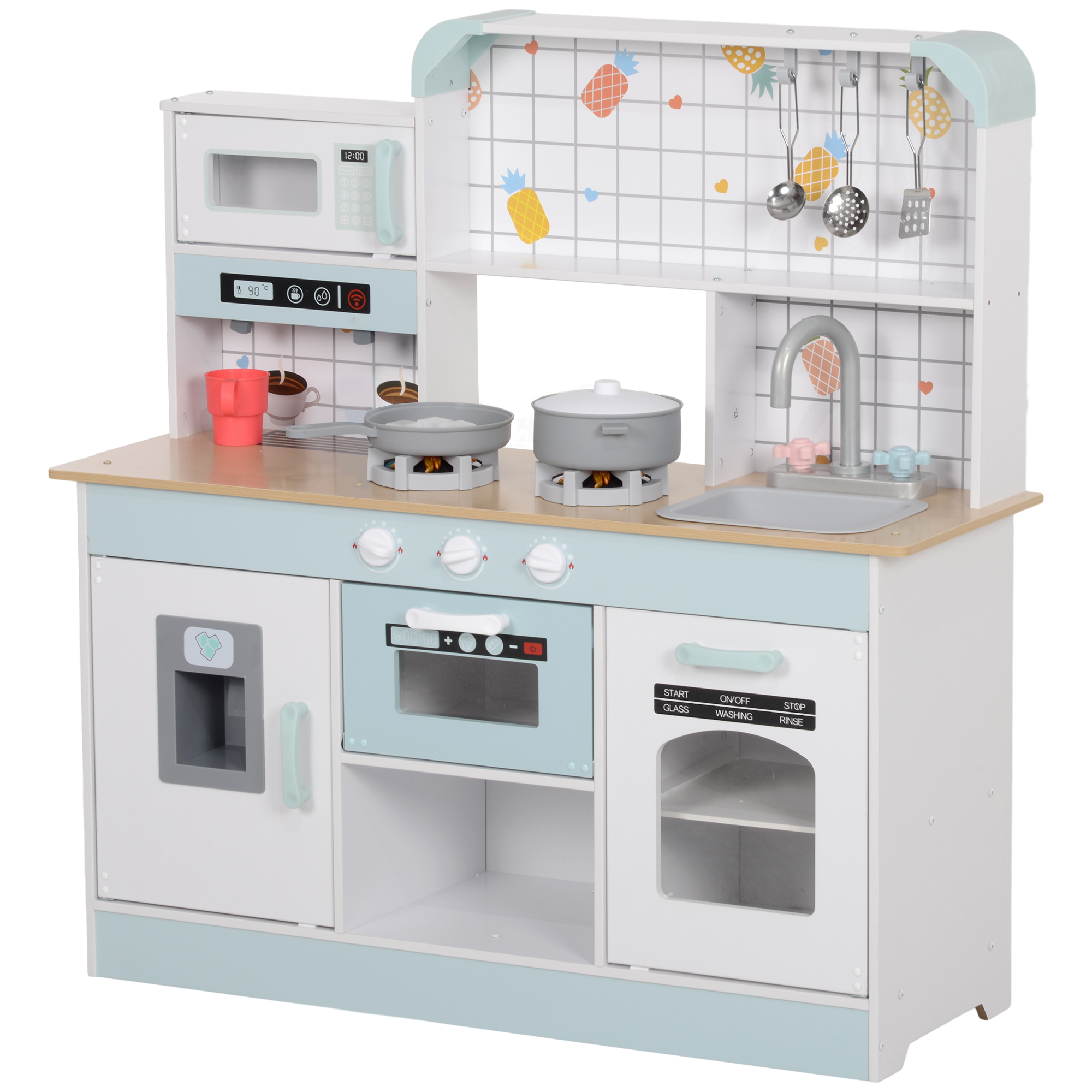 AIYAPLAY Kinderküche Spielküche mit Lichtern, Geräuschen, Kaffeemaschine, Eiswürfelmaschine, Mikrowelle, Ofen, Küchenzubehör, Puppenküche für 3+ Jahre Kinder, Weiß   Aosom