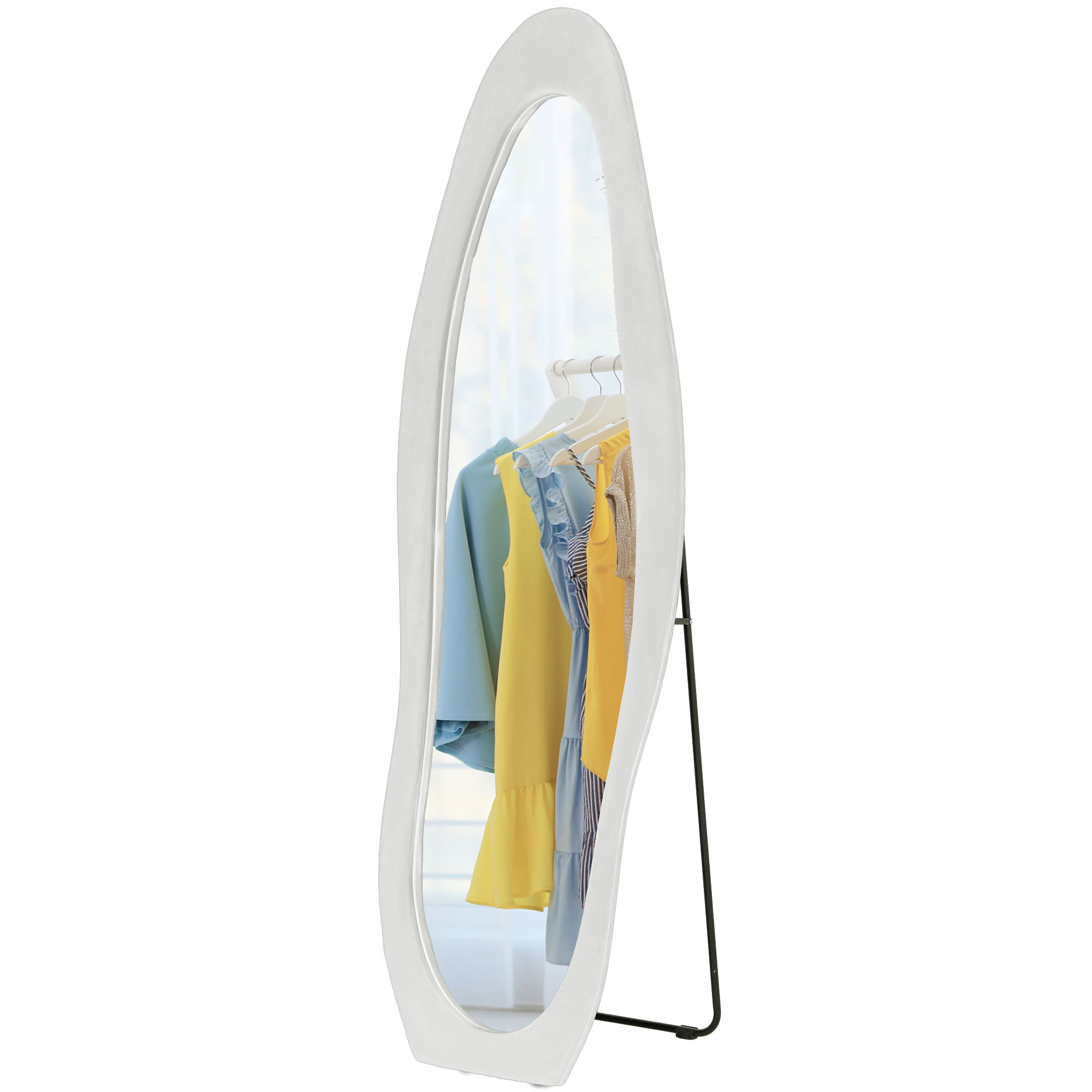 HOMCOM Ganzkörperspiegel 50 x 160 cm Standspiegel mit samtartiger Rahmenbezug, unregelmäßiger gewellter Wandspiegel für Schlafzimmer, Wohnzimmer, Weiß Aosom