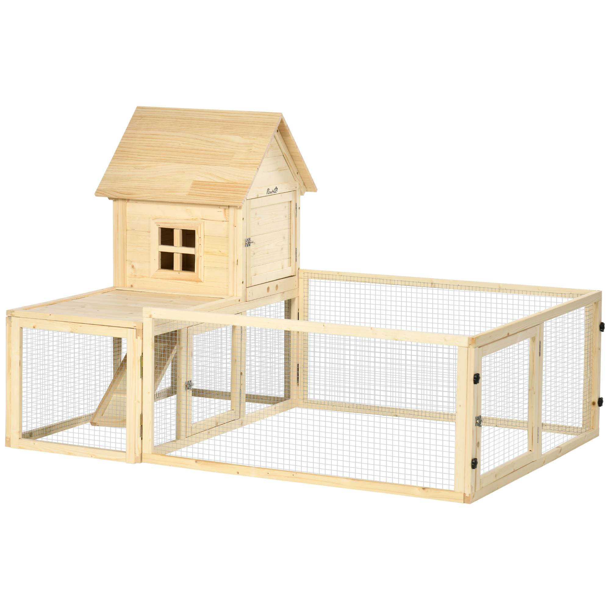 PawHut Kaninchenstall aus Holz, Kleintierstall mit Außengehege, ausziehbar Wanne, Kaninchenhaus mit Rampe, für Meerschweinchen, Natur, 151,5 x 106 x 97 cm   Aosom