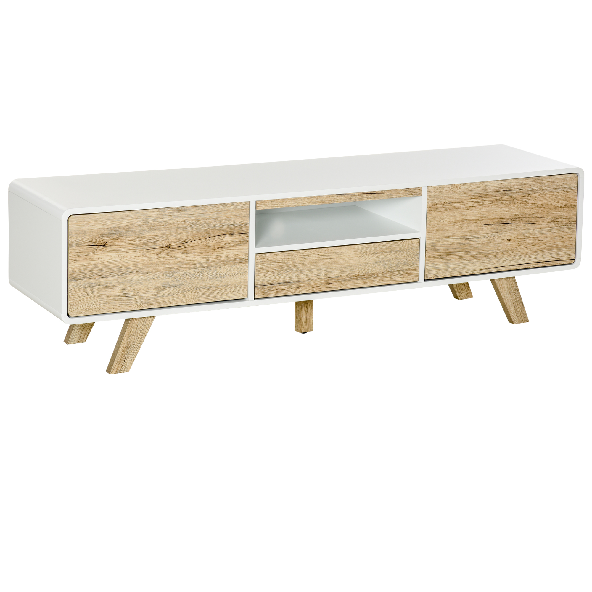 HOMCOM TV Schrank Lowboard Kommode für Fernseher bis 60 Zoll mit Push-In Schublade, MDF Weiß Natur 160x40x45 cm für Wohnzimmer Aosom.de