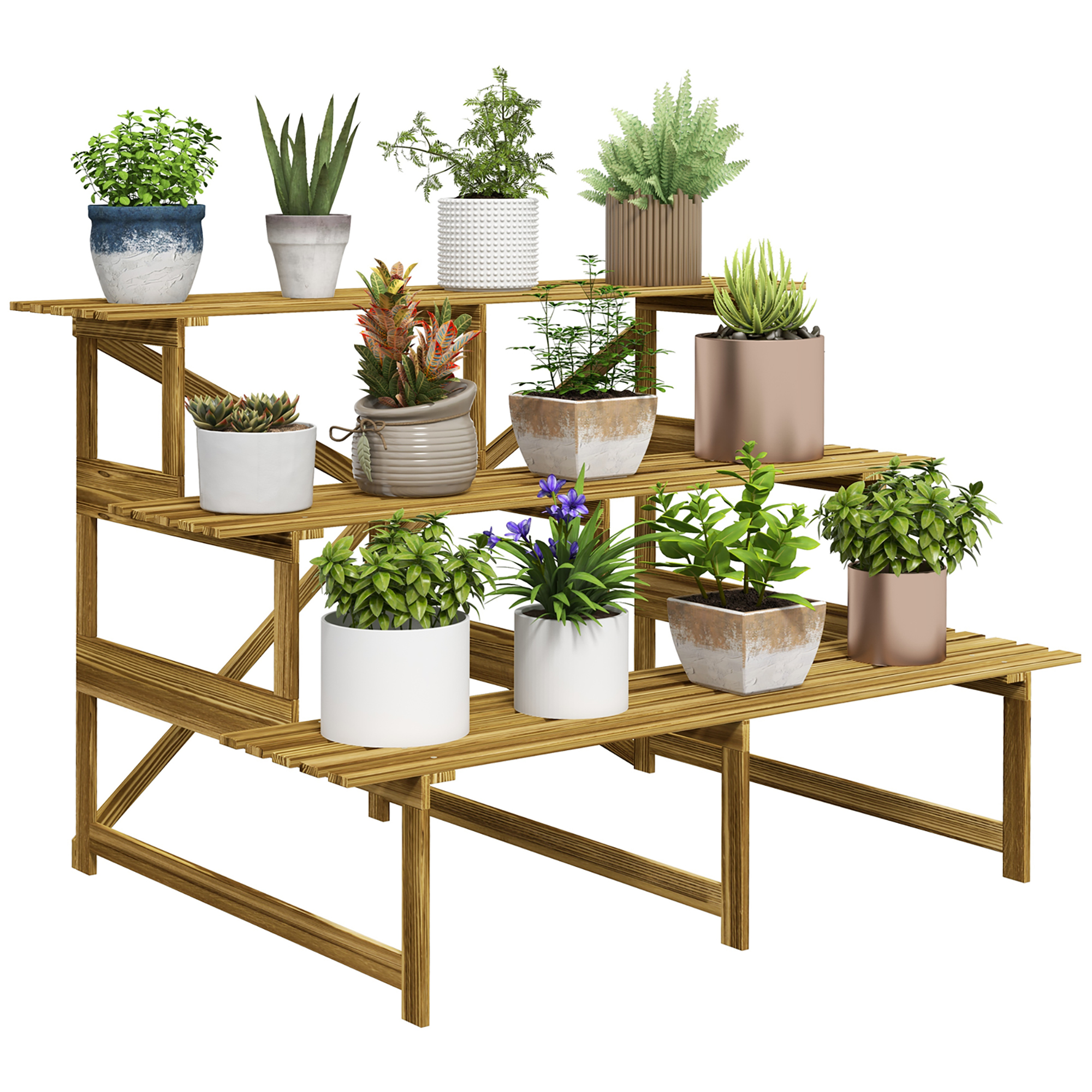 Outsunny Pflanzentreppe Blumenregal 3 Stufen Tannenholz 120x80x78cm für Garten Balkon & Terrasse Aosom.de