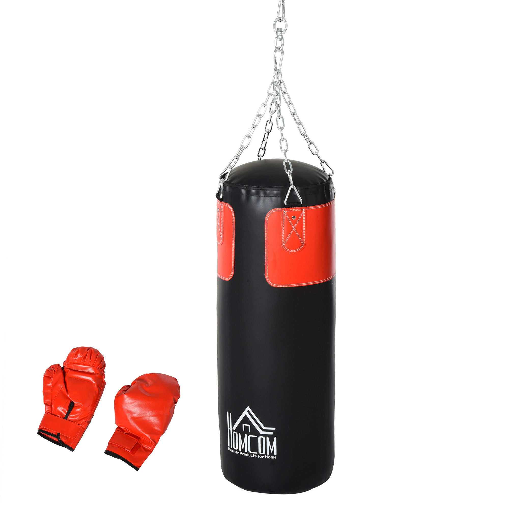 HOMCOM Boxsack-Set mit Handschuhen, gefüllt, für Erwachsene & Jugendliche, schwarz-rot, Ø30x120cm, 16kg, ideal für Training & Fitness Aosom.de