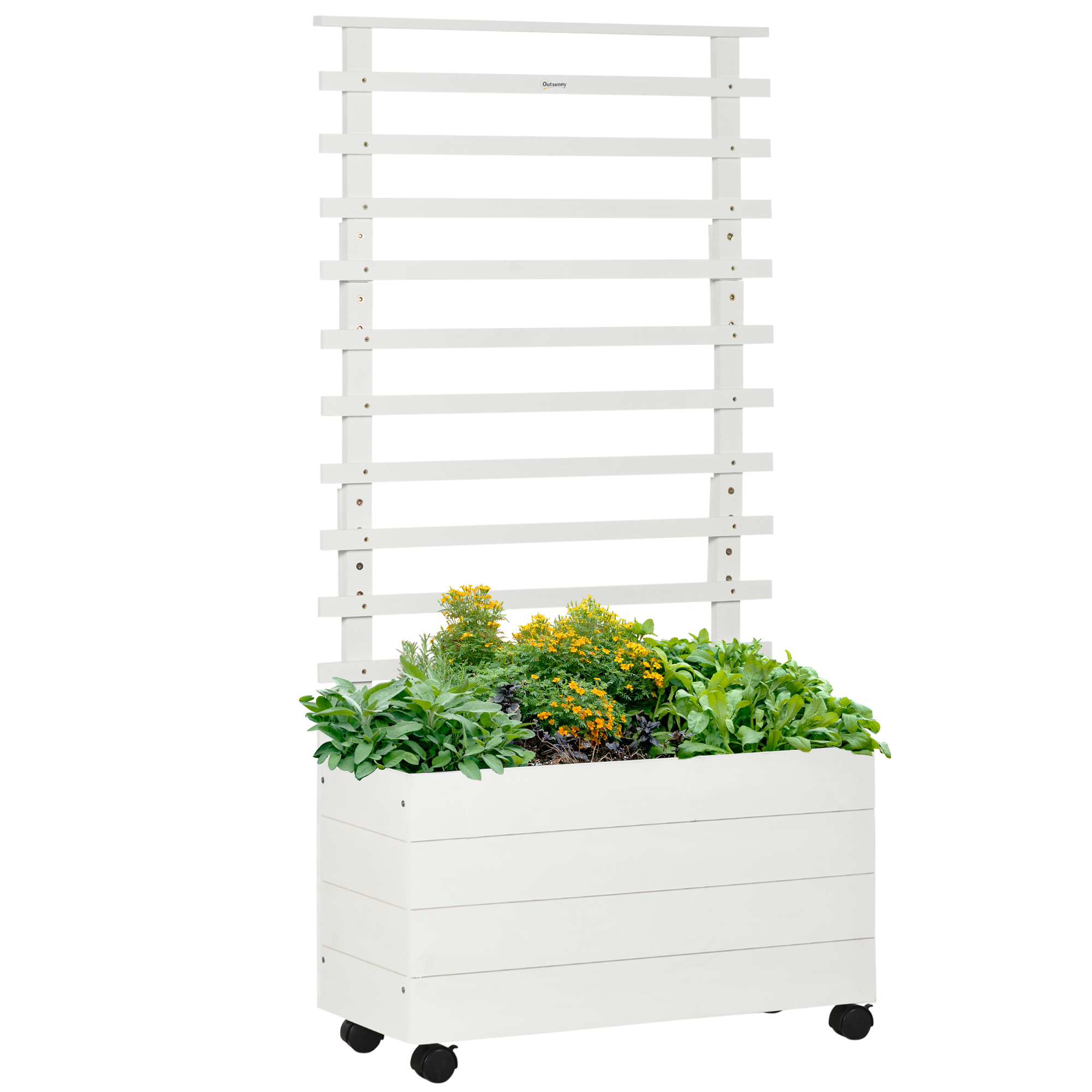 Outsunny Pflanzkasten mit Rankgitter Blumenkasten mit Rollen Hochbeet für Kletterpflanzen Naturholz Weiß 76 x 30 x 155 cm für Garten Aosom.de