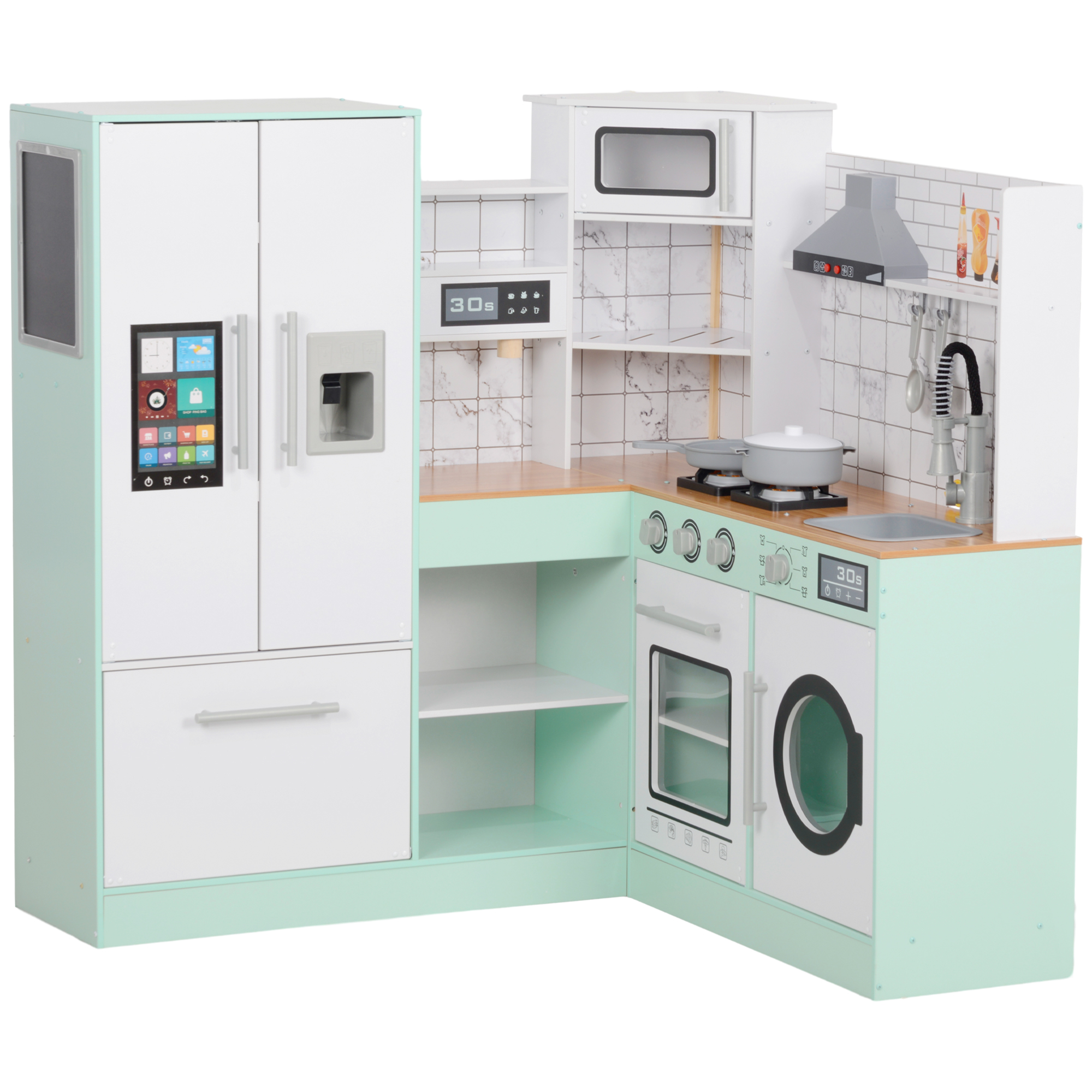 AIYAPLAY Kinderküche, Spielküche mit Tafel, Dunstabzugshaube, Eiswürfelmaschine, Mikrowelle, Ofen, Kühlschrank, realistischen Licht- und Soundeffekten, Küchenutensilien, ab 3 Jahren   Aosom