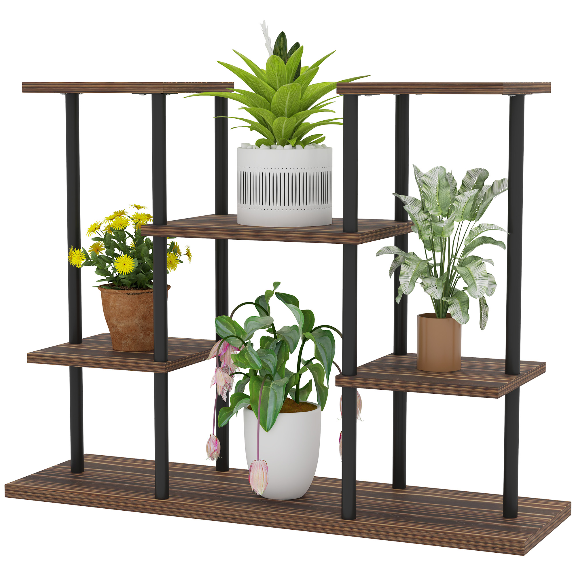 Outsunny 4-Etagen Pflanzenständer, 61,5 cm hoch Blumenständer für Innen Außen, Pflanzenregal aus Holz, mehrstöckig Blumenregal, Blumentreppe Blumentopfständer für Wohnzimmer, Garten Balkon, Verkohlt   Aosom