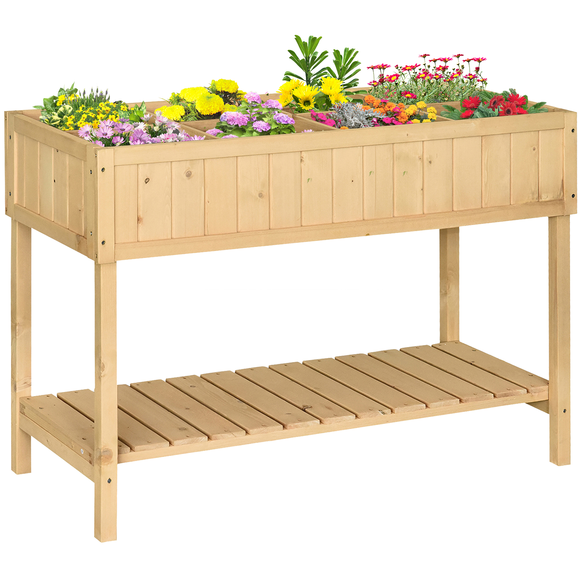 Outsunny Pflanztisch Hochbeet 120x60x81cm mit 6 Fächern und Abfluss, Ablage aus Tanne Massivholz, Natur   Aosom.de