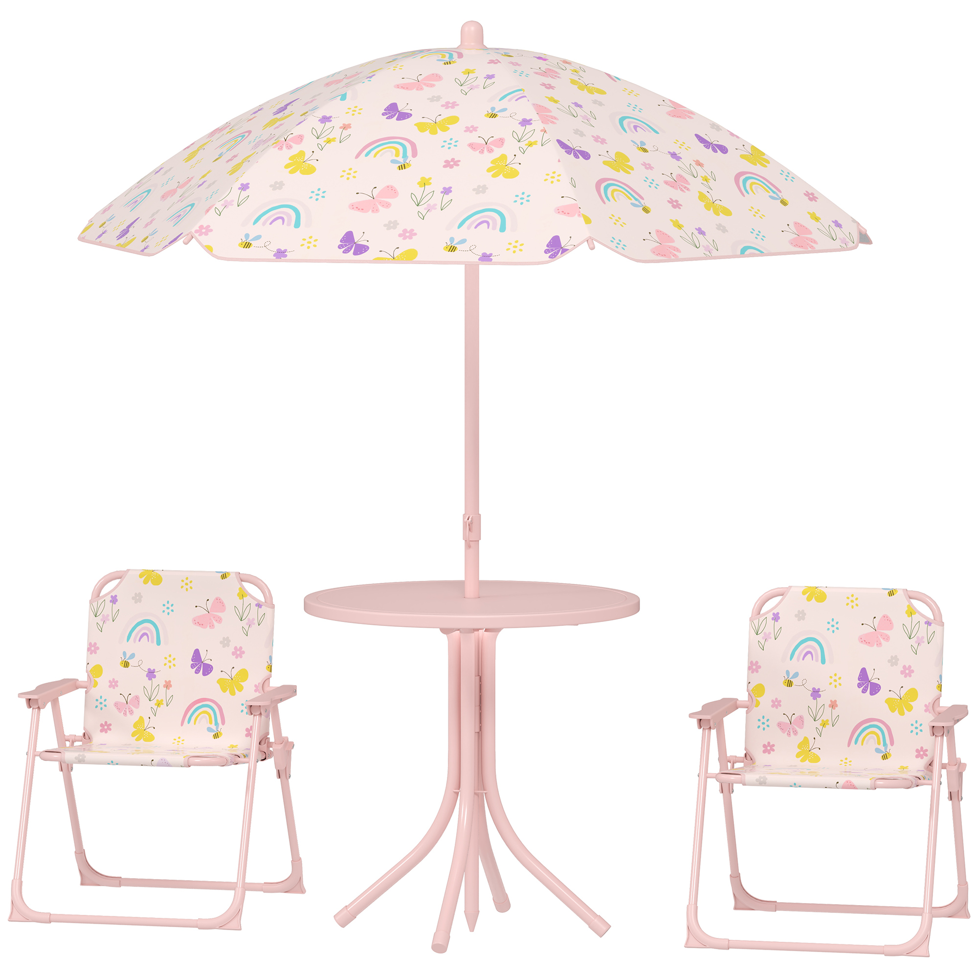 AIYAPLAY Kindersitzgruppe mit Sonnenschirm Höhenverstellbar Kindersitzgarnitur Kindertisch mit 2 Klappstühlen Sitzgarnitur Kinder Sitzgruppe Outdoor Gartenmöbel für Garten Strand, Rosa   Aosom