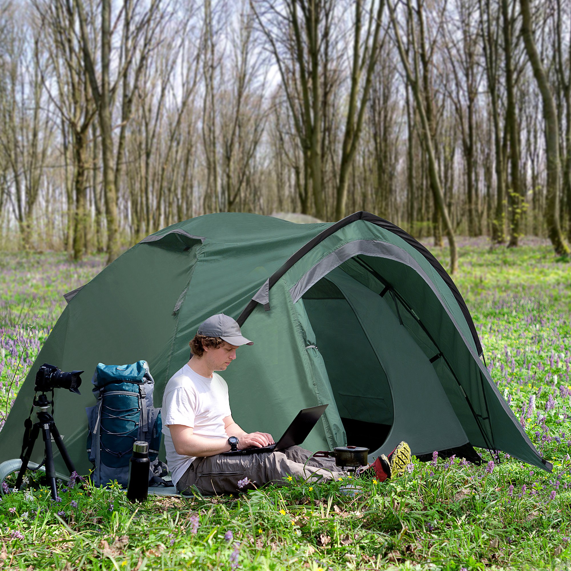Outsunny Campingzelt 2 Personen, Kuppelzelt mit Fiberglas Gestänge & Heringen, leichtes Zelt für Camping Festival Outdoor Grau 325x183x130 cm   Aosom