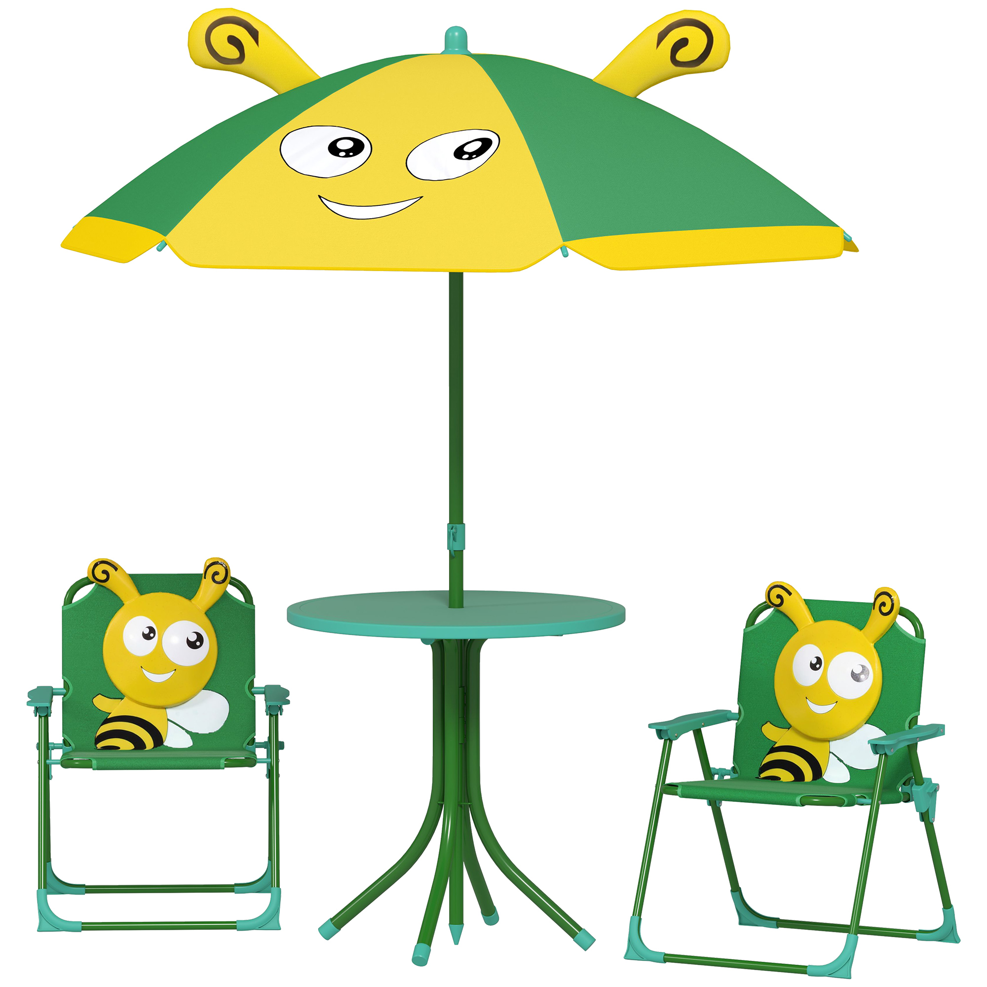 AIYAPLAY 4er Set Kindersitzgruppe Garten Kindersitzgarnitur mit 2 Klappstühle, höhenverstellbarem Sonnenschirm, Gartentisch, Bienen-Muster für 2-5 Jahre Kinder, Grün Aosom