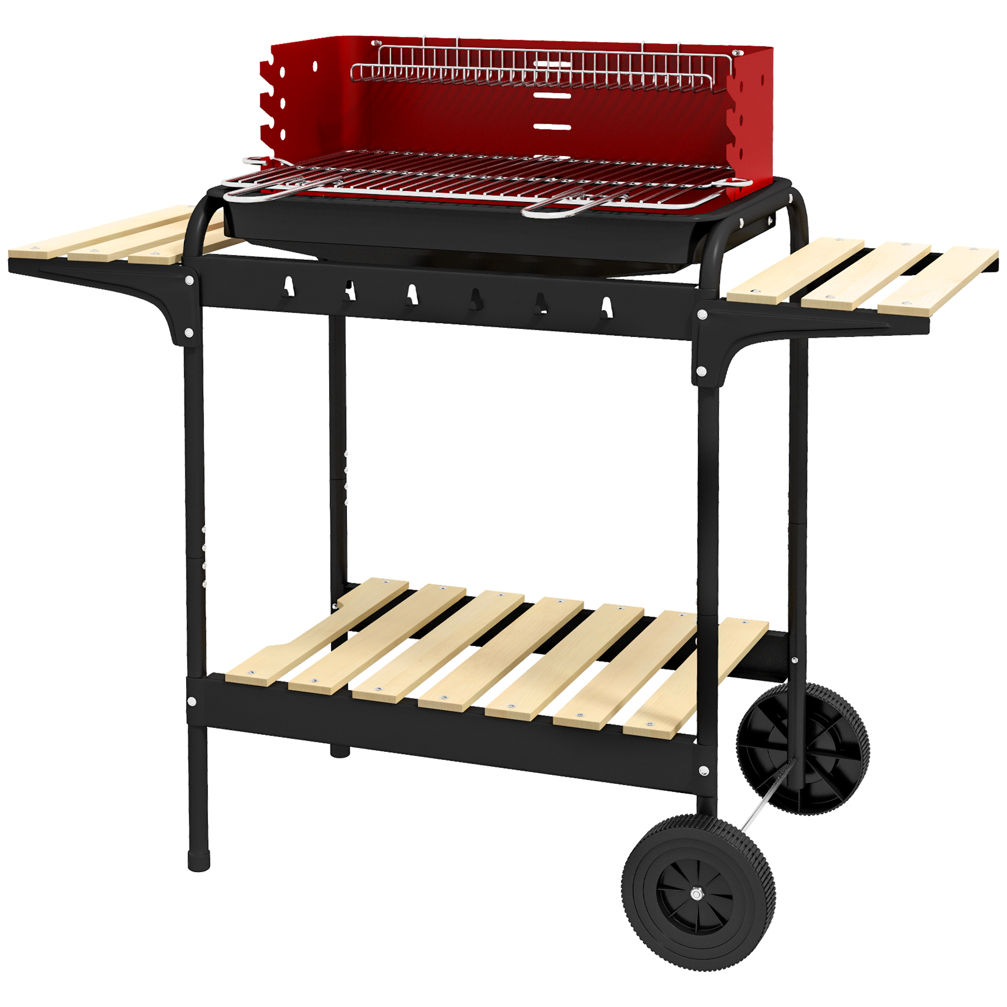 Outsunny Holzkohlegrill aus Metall BBQ Smoker mit Räder, höheverstellbar Grillrost, Holzablage, fahrbar Grillwagen Holzkohle Grill, Kohlegrill für Barbeque Camping, Terrasse, 103x47x95 cm Aosom