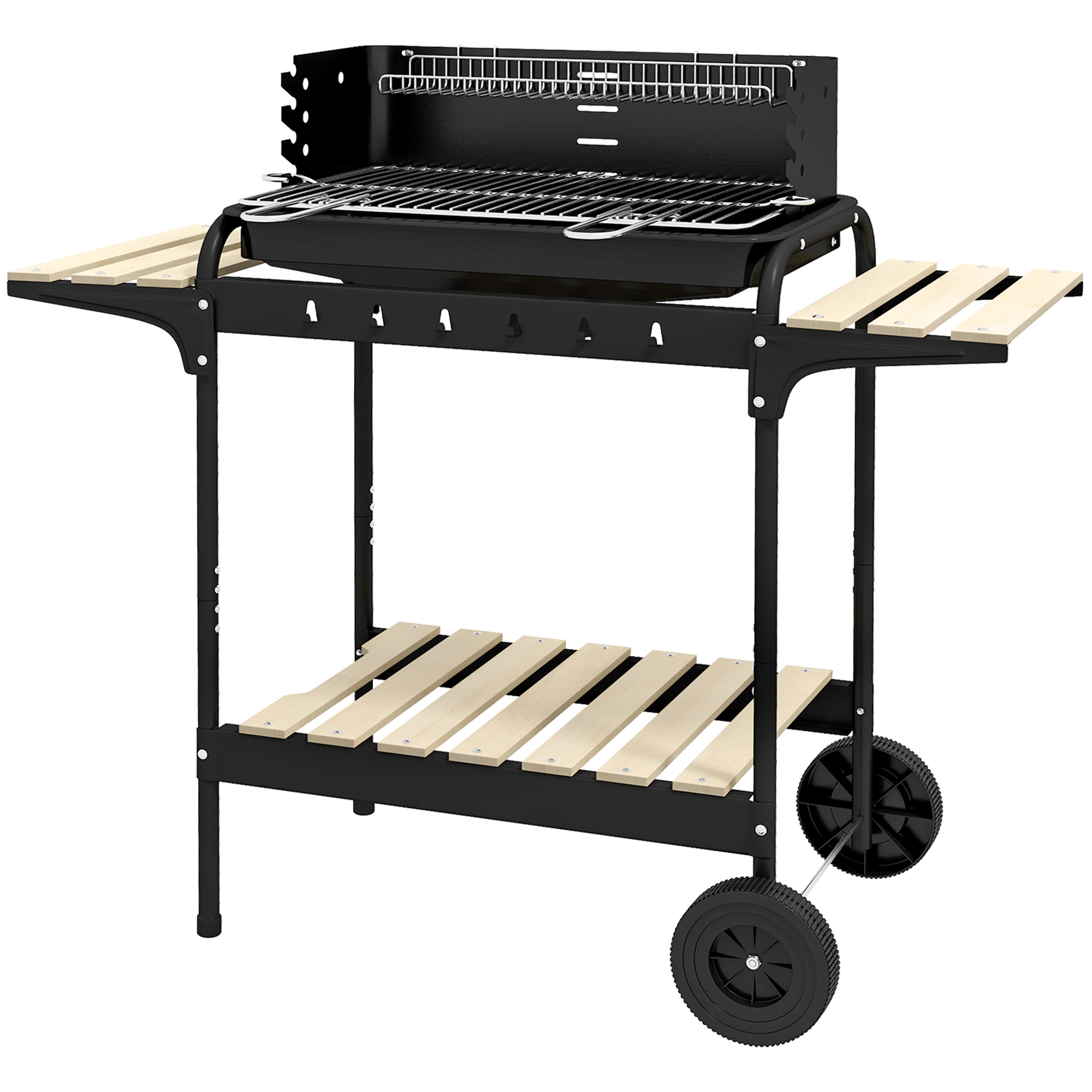 Outsunny Holzkohlegrill aus Metall BBQ Smoker mit Räder, höheverstellbar Grillrost, Holzablage, fahrbar Grillwagen Holzkohle Grill, Kohlegrill für Barbeque Camping, Terrasse, 103x47x95 cm   Aosom
