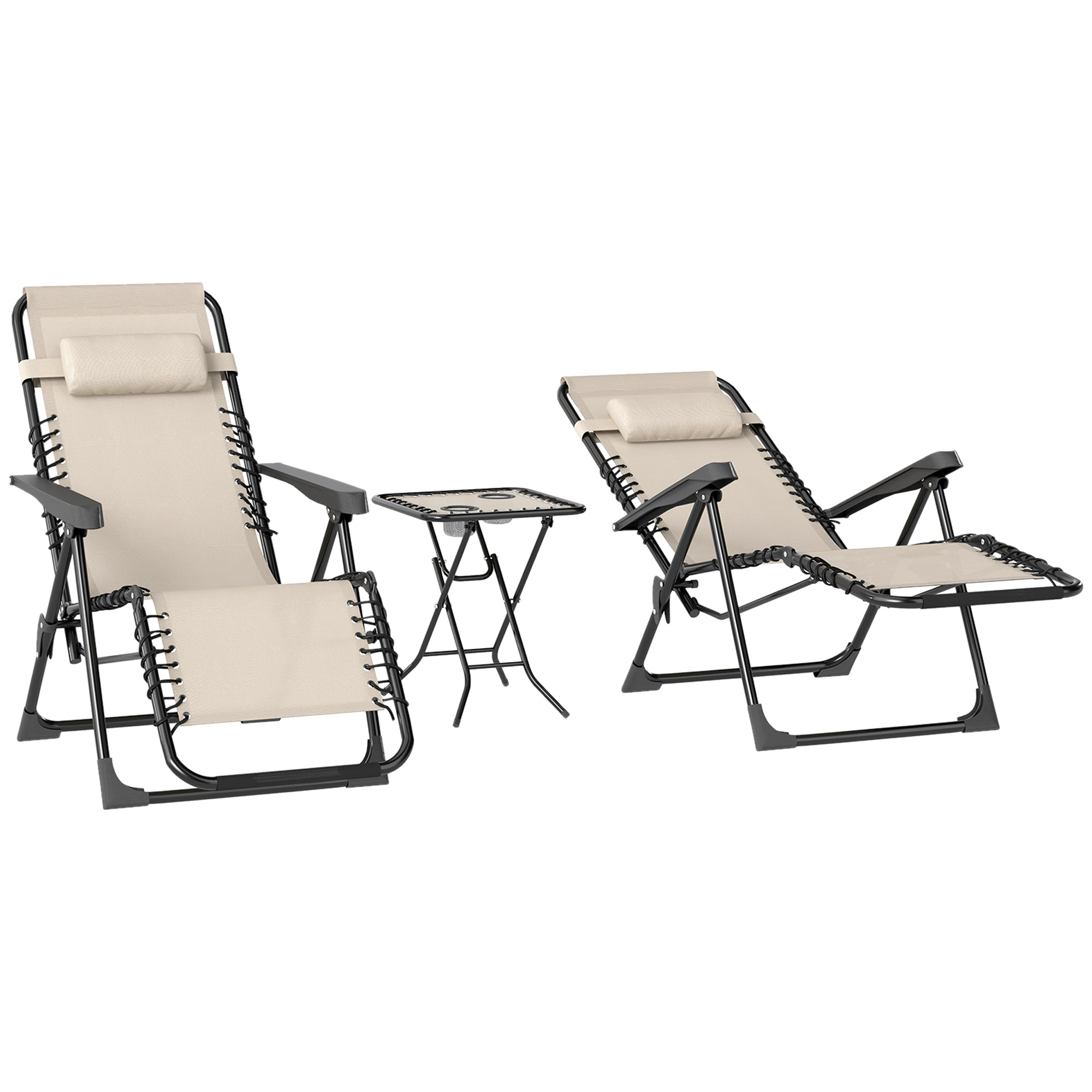 Outsunny Gartenliege Set 3-TLG. Klappbar Sonnenliege mit Teetisch 2 Stühle Kopfkissen, Outdoor Liege wetterfest Relaxliege Liegestuhl aus Metall Strandliege für Garten, Terrasse 90x56x110 cm Beige Aosom
