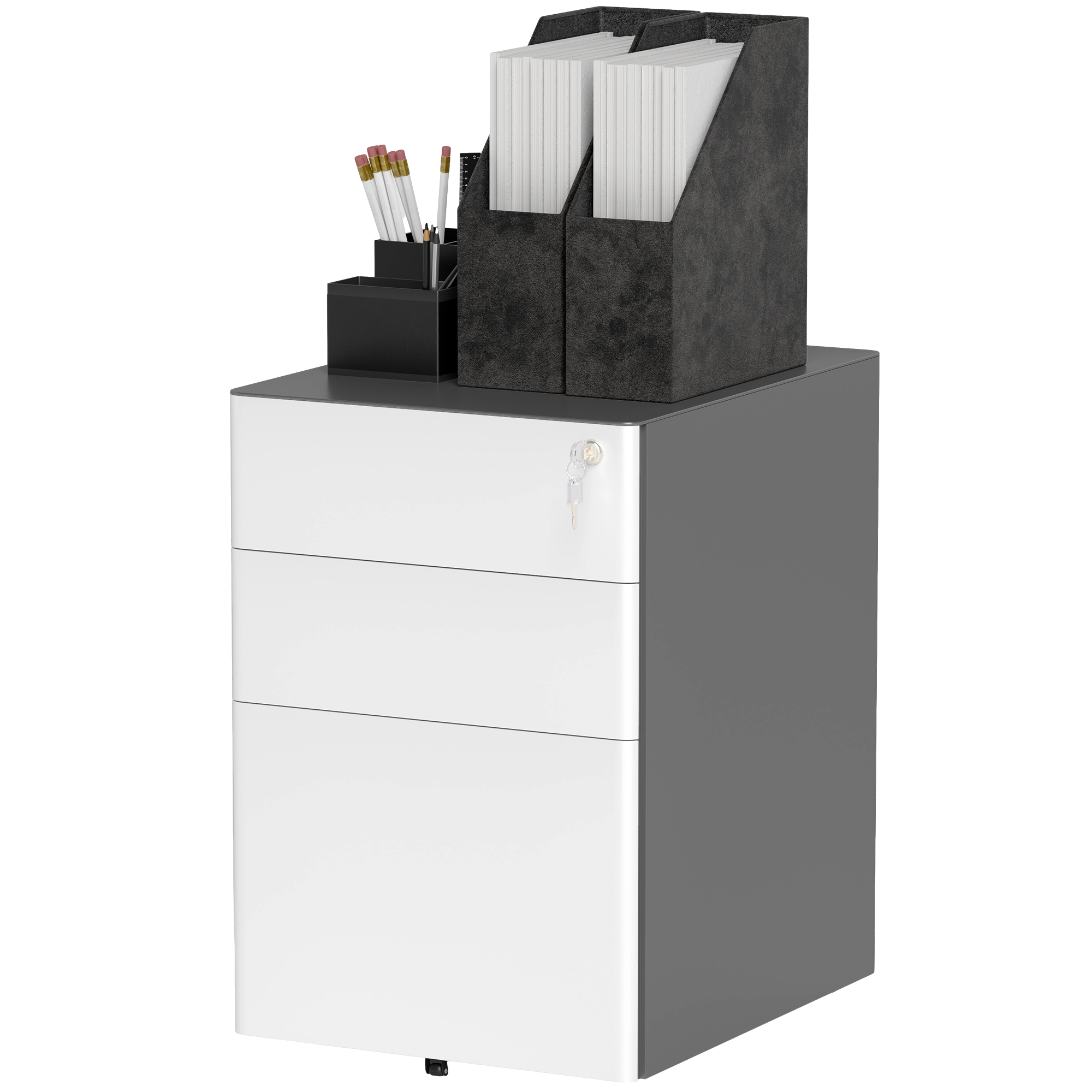 Vinsetto Rollcontainer, mobiler Aktenschrank mit 3 Schubladen, abschließbarer Büroschrank mit Hängeregistratur, Aufbewahrung, Stahl, 39 x 48 x 59 cm Weiß+Grau Aosom