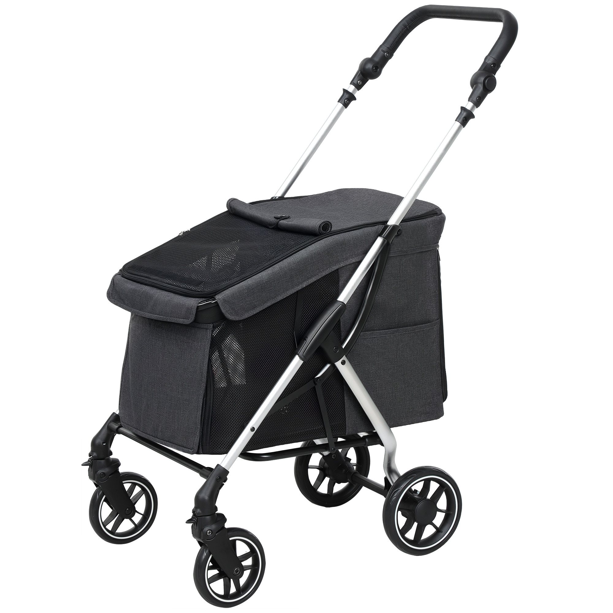 PawHut Hundewagen leicht Hundebuggy aus Aluminium klappbar für Hunde & Katzen bis 10 kg Katzenbuggy mit Kissen Netzfenstern Türen Aufbewahrungskorb Katzenwagen Buggy Grau   Aosom