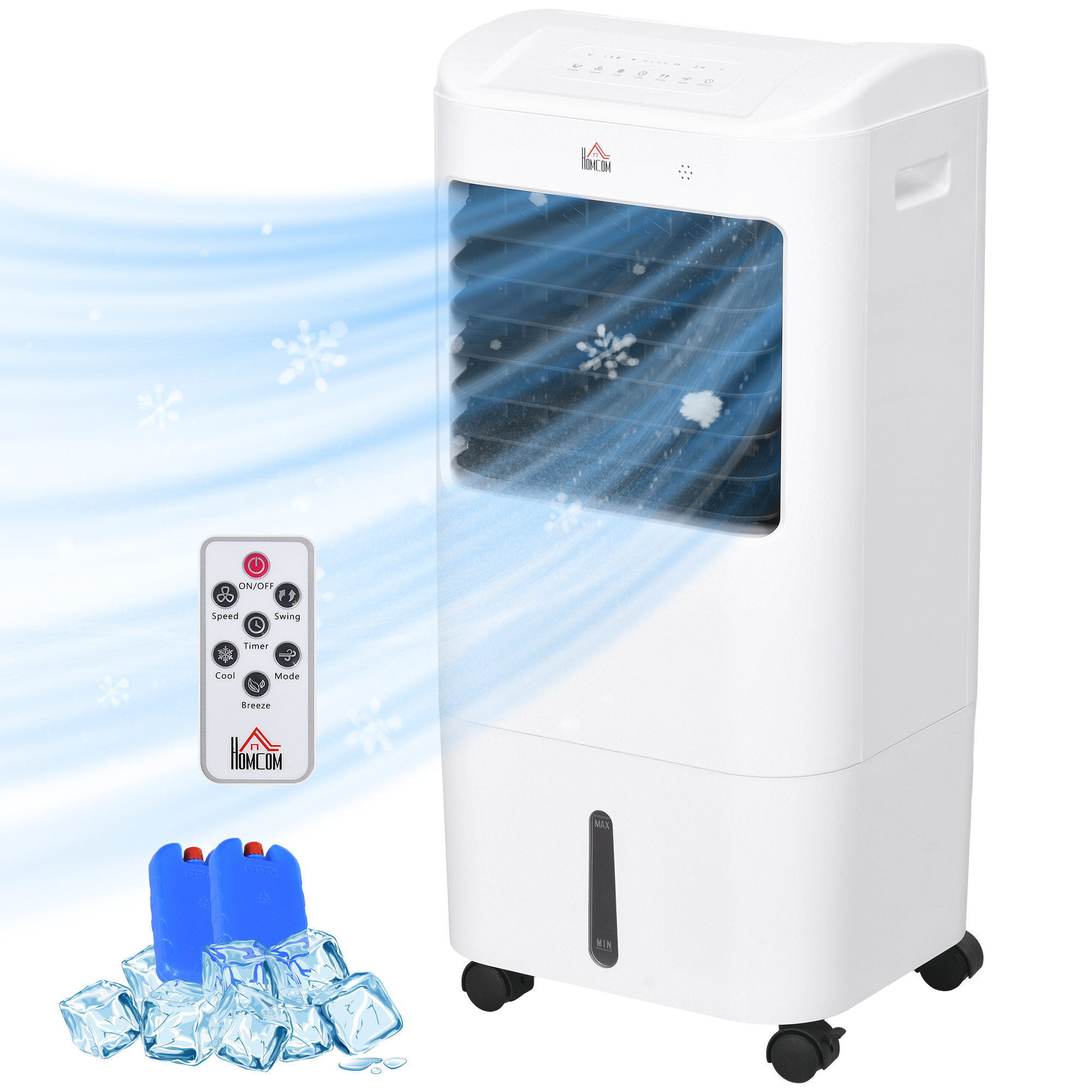 HOMCOM 3 in 1 Mobile Klimaanlage mit Luftbefeuchtung Wasserkühlung 15L 60° oszillierendes Klimagerät Luftkühler mit 7,5h Timer, Fernbedienung, LED-Anzeige, für 20 ㎡ Weiß 37 x 32 x 78 cm   Aosom