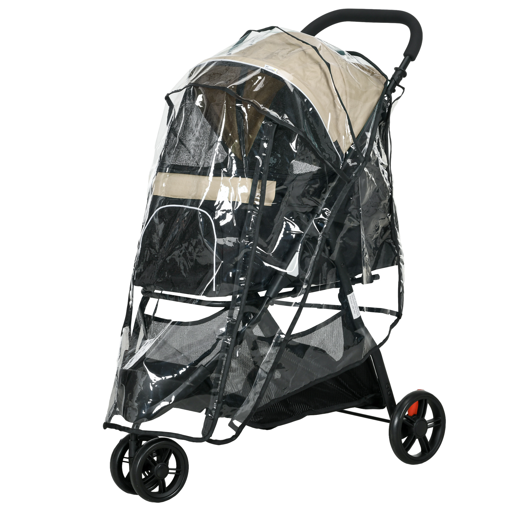 PawHut 2 in 1 Hundewagen Hundebuggy mit Regenschutz klappbar für Hunde & Katzen bis 10 kg Katzenbuggy mit Kissen Netzfenstern Türen Aufbewahrungskorb Katzenwagen Buggy  Khaki   Aosom