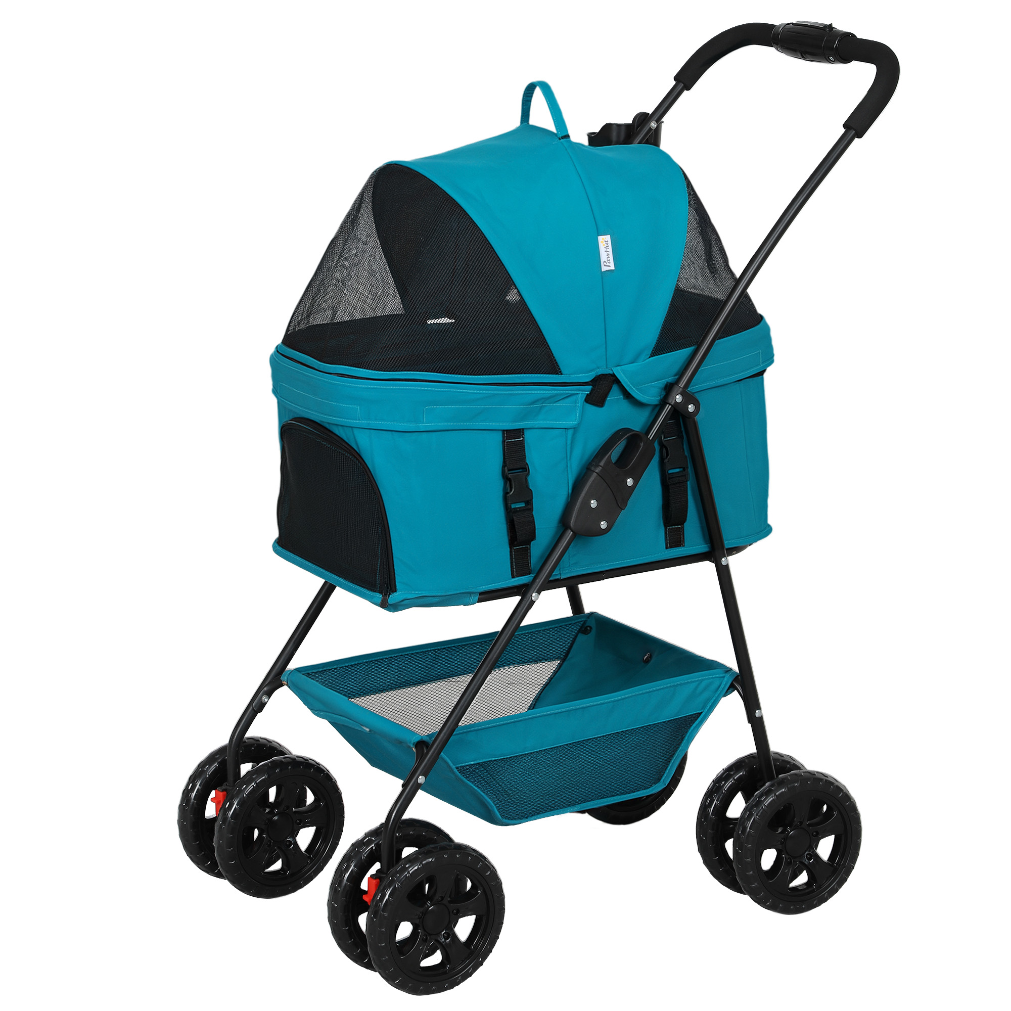 PawHut Hundewagen 3 in 1 Hundebuggy Faltbar Hundebox, klappbar Transporttasche mit Getränkehalter, Hunde Buggy, Katzenwagen mit 360° Räder Katzenbuggy für Mini Hunde unter 4 kg, Türkis   Aosom