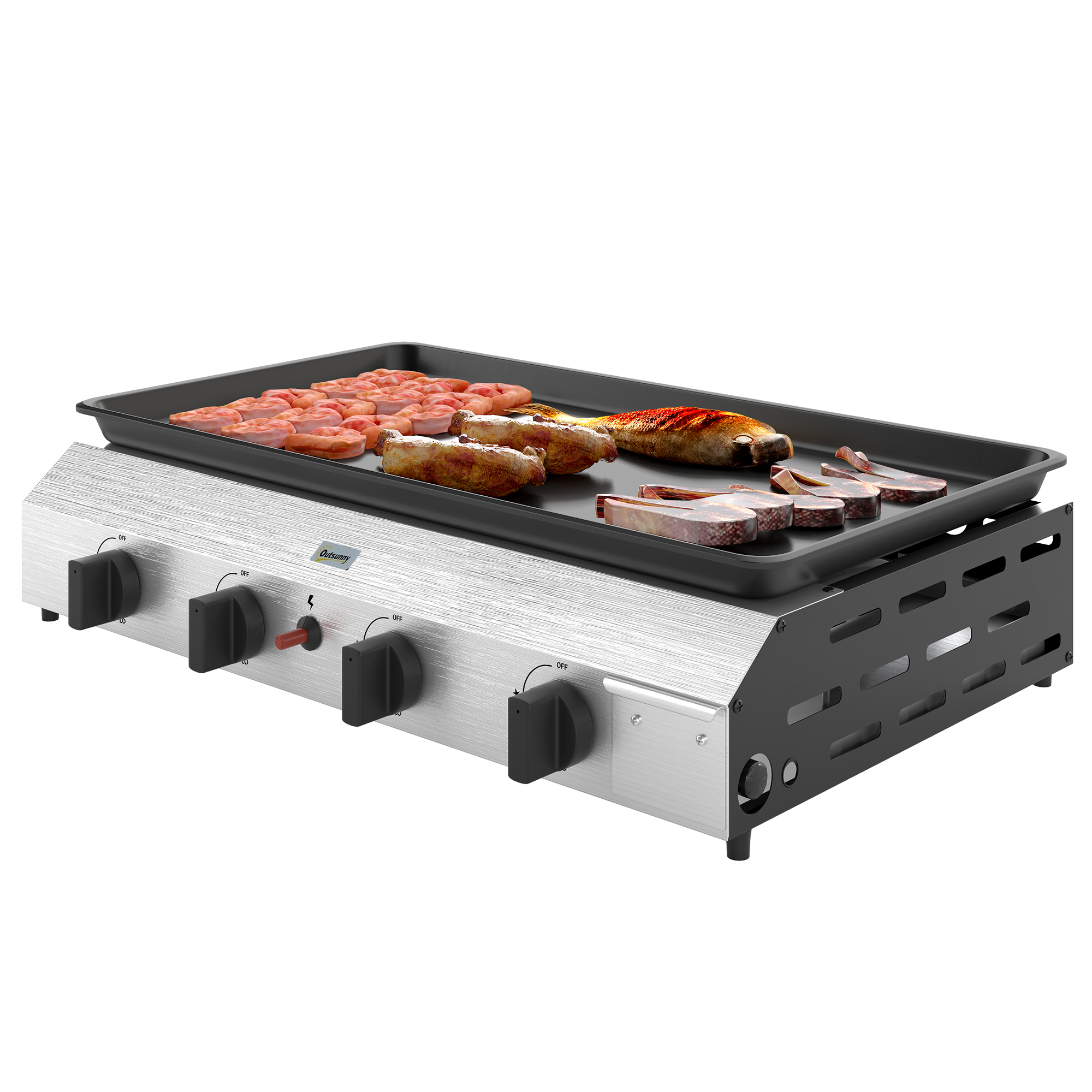 Outsunny Gasgrill 8000BTU/2,4 KW Grillwagen inkl 4 Edelstahl-Brenner Druckminderer Gasschlauch verstellbare Beine Kochplatte, BBQ Gartengrill für Balkon, Camping-Grill 77 x 44,5 x 19 cm   Aosom