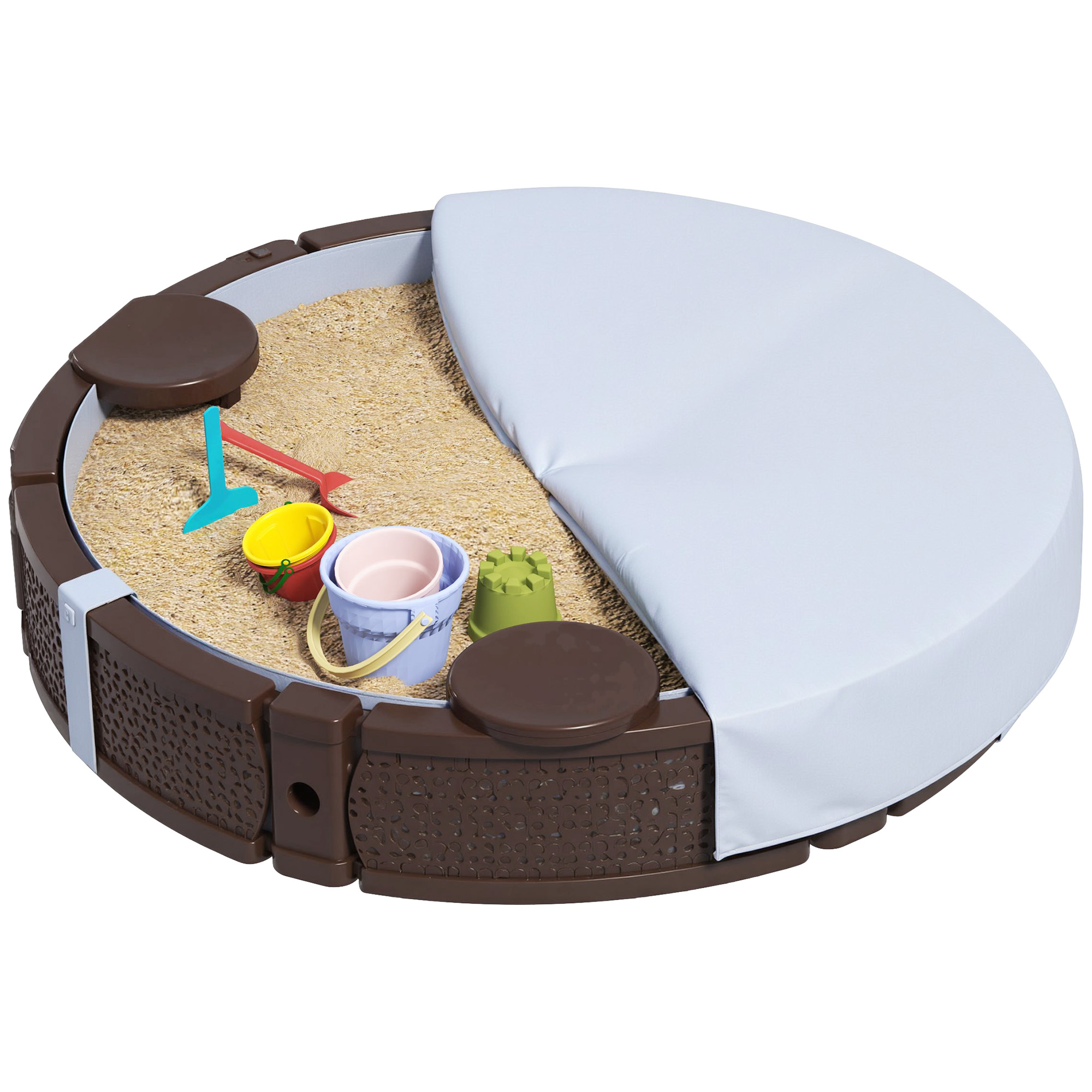 AIYAPLAY Sandkasten, Sandkiste Sandbox mit 3 Sitzen, wasserfeste Unterlage, wetterbeständige Schutzplane, für 1,5-5 Jahre Kinder Dunkelbraun   Aosom