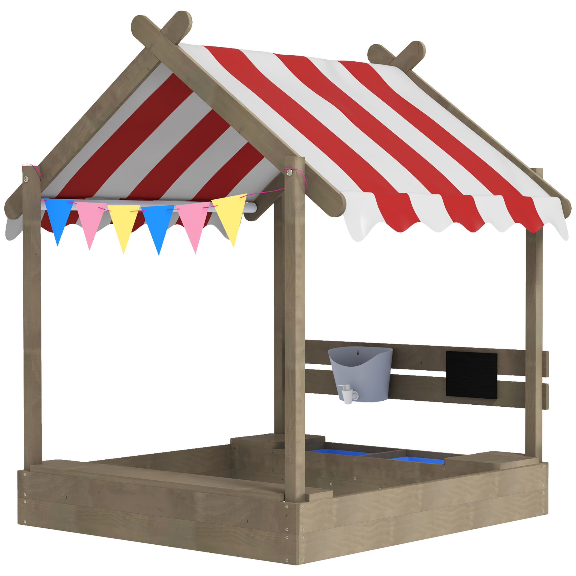 Outsunny Sandkasten mit Dach, Sandkiste aus Holz mit Sitzplatz, Spielhaus, 124 x 116 x 146 cm Sandbox mit Tafel für 3-7 Jahre Kinder, Garten, Grau   Aosom