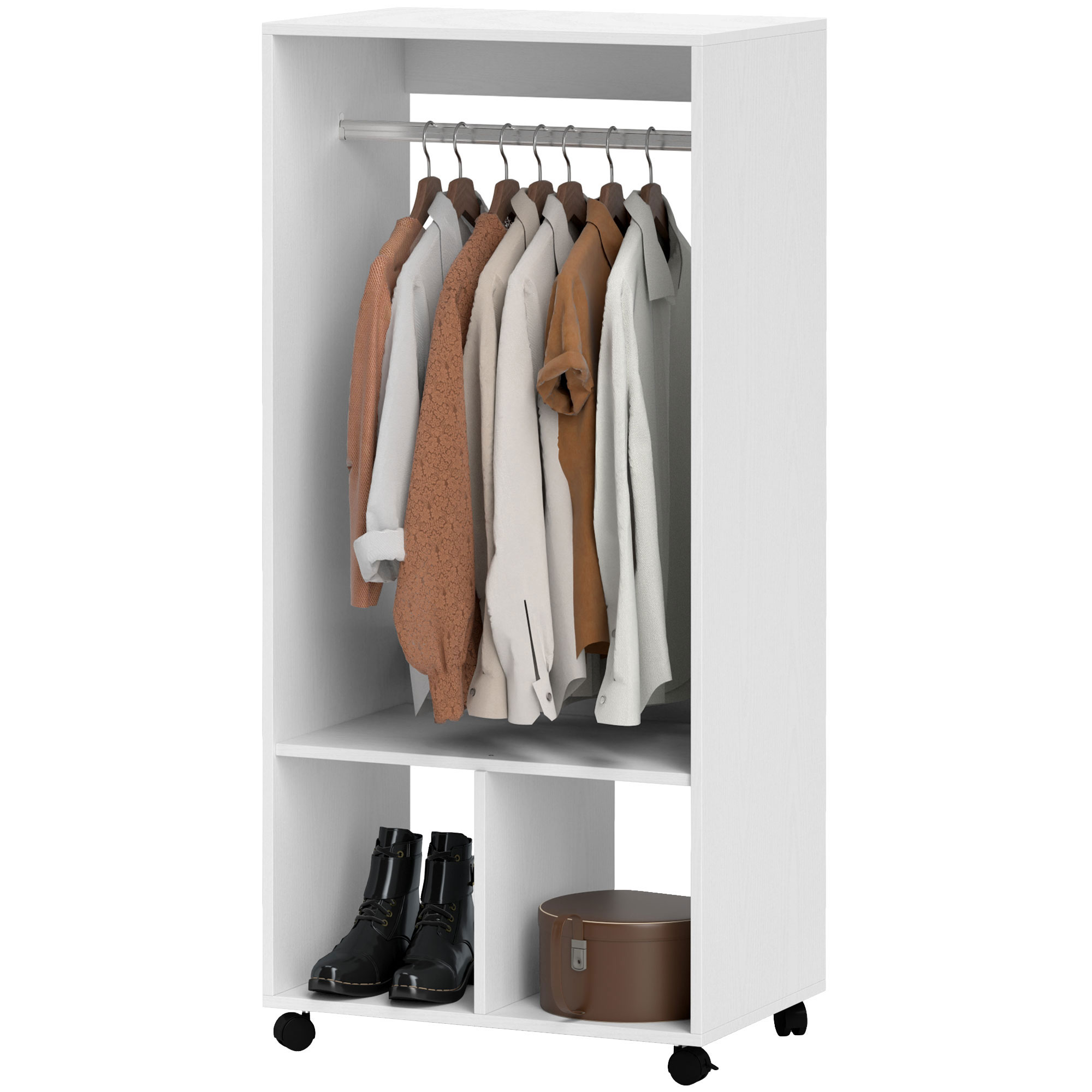 HOMCOM Mobiler Kleiderschrank Garderobe Schrank mit Regal 4 Schwenkräder für Wohnzimmer Schlafzimmer, Aluminiumlegierungen, 60 x 40 x 127 cm, Weiß   Aosom