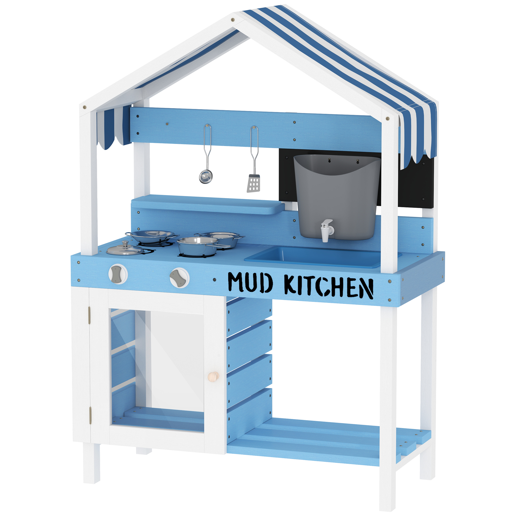 AIYAPLAY Matschküche Kinder Outdoor Gartenspielküche aus Holz mit Herd, Spüle, Wasserhahn, Aufbewahrungsregale, Kochgeschirr, Zubehör, Spielküche für Kinder 3-7 Jahren Blau   Aosom