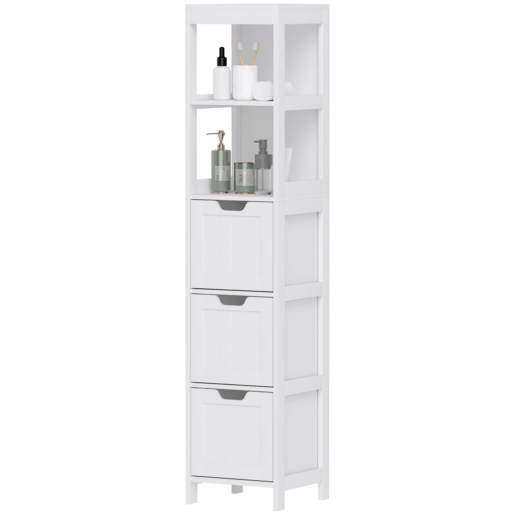 kleankin Badezimmerschrank Badschrank, Bad Hochschrank mit 3 Schubladen, 2 offenen Fächern, Aufbewahrungsschrank für Badezimmer, Wohnzimmer, Weiß, 30 x 30 x 142,4 cm   Aosom