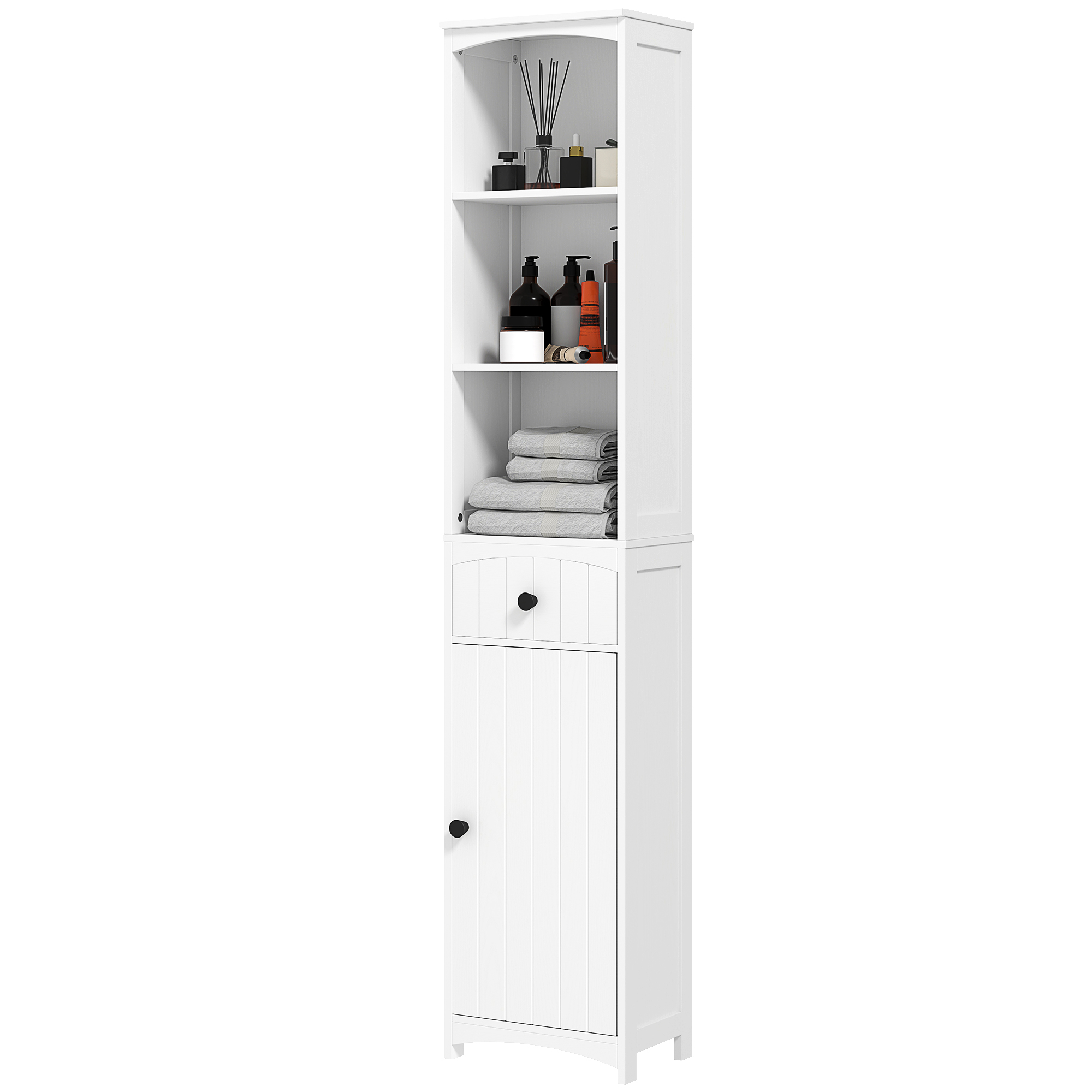 HOMCOM Badezimmerschrank Hochschrank mit 3 Regalen, 1 Schublade Badschrank Badregal Bad Schrank Badmöbel, Weiß, 34x24x170,5cm Aosom