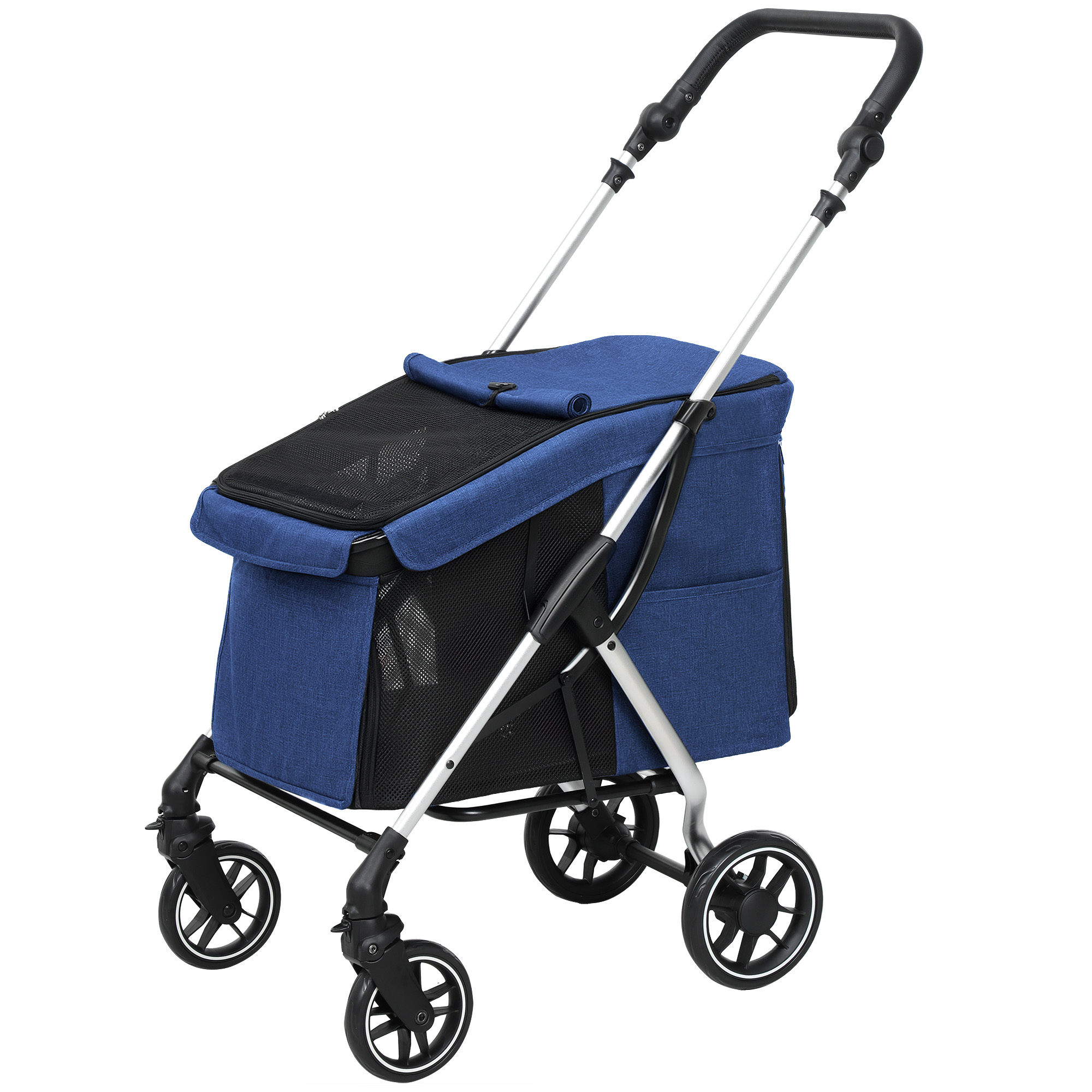 PawHut Hundewagen leicht Hundebuggy aus Aluminium klappbar für Hunde & Katzen bis 10 kg Katzenbuggy mit Kissen Netzfenstern Türen Aufbewahrungskorb Katzenwagen Buggy Dunkelblau   Aosom