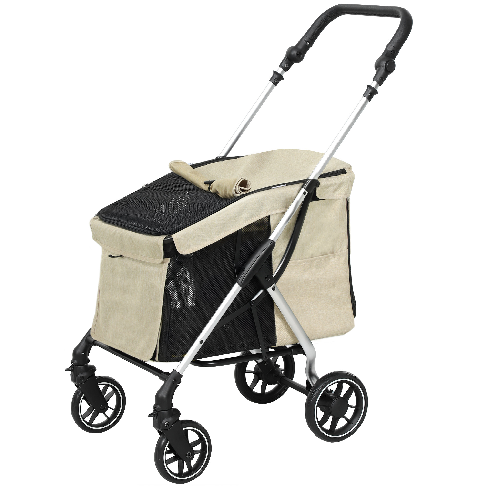 PawHut Hundewagen leicht Hundebuggy aus Aluminium klappbar für Hunde & Katzen bis 10 kg Katzenbuggy mit Kissen Netzfenstern Türen Aufbewahrungskorb Katzenwagen Buggy Khaki   Aosom