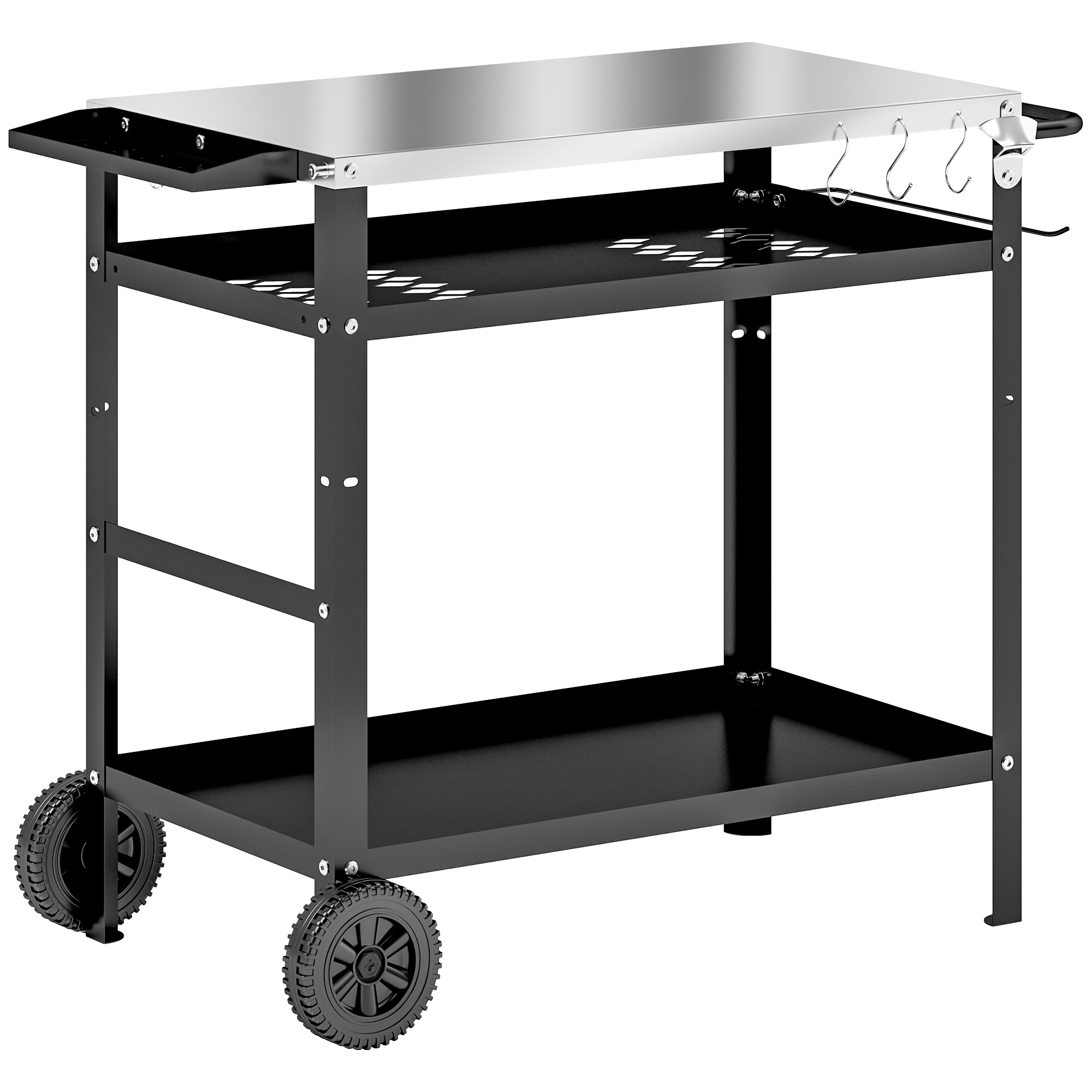 Outsunny Grillwagen 3-Etagen Servierwagen mit Arbeitsfläche Griffe Hülle Räder, höhenverstellbar BBQ Grilltisch Edelstahl, Grill Beistelltisch, Outdoor Rollwagen für Garten Grill 100x52x80cm Schwarz   Aosom