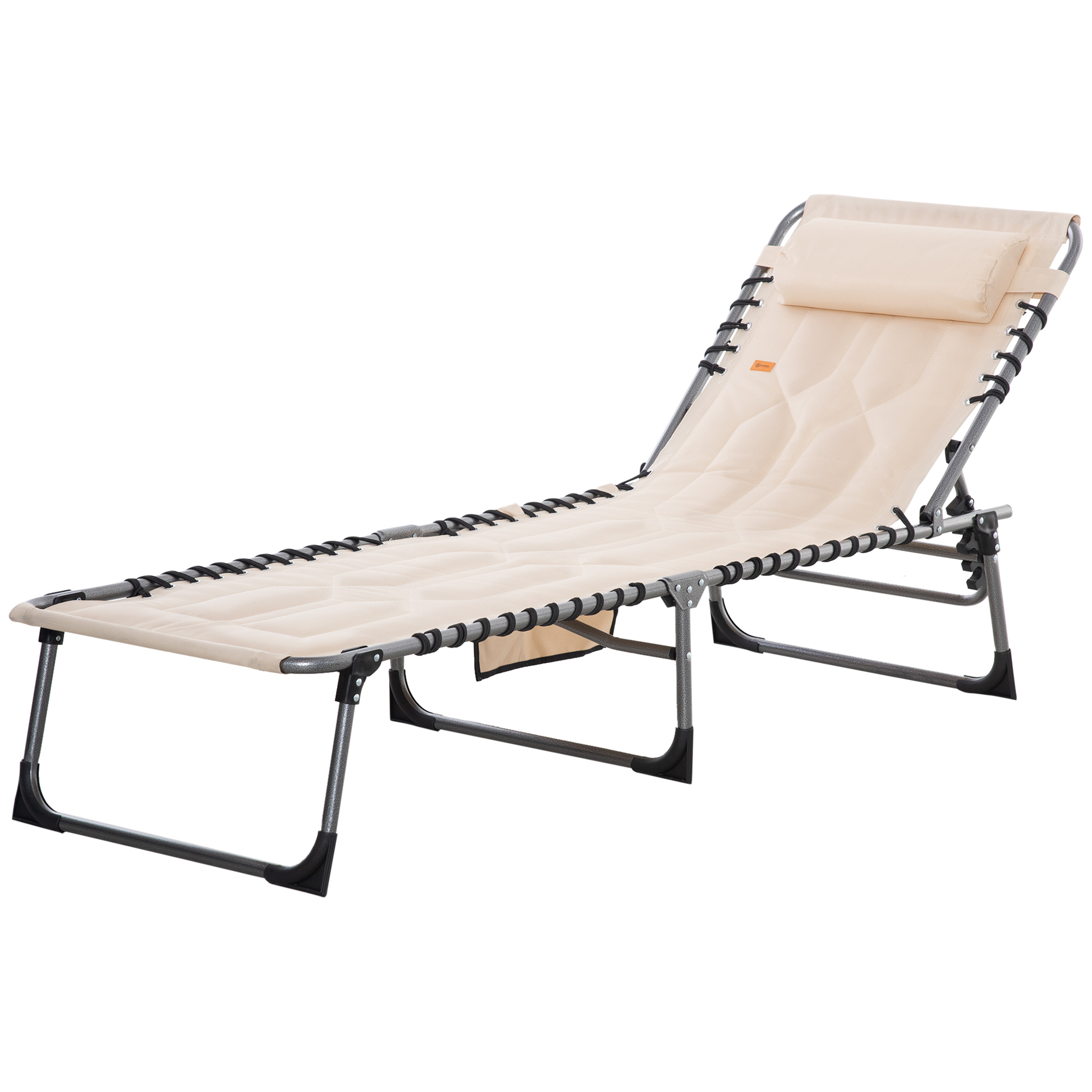 Outsunny Sonnenliege, klappbar Gartenliege mit Kopfkissen, Seitentasche, Liegestuhl mit 5-Fach verstellbare Rückenlehne, wetterfeste Campingliege bis 130 kg belastbar, für Garten Strand Pool, Beige   Aosom