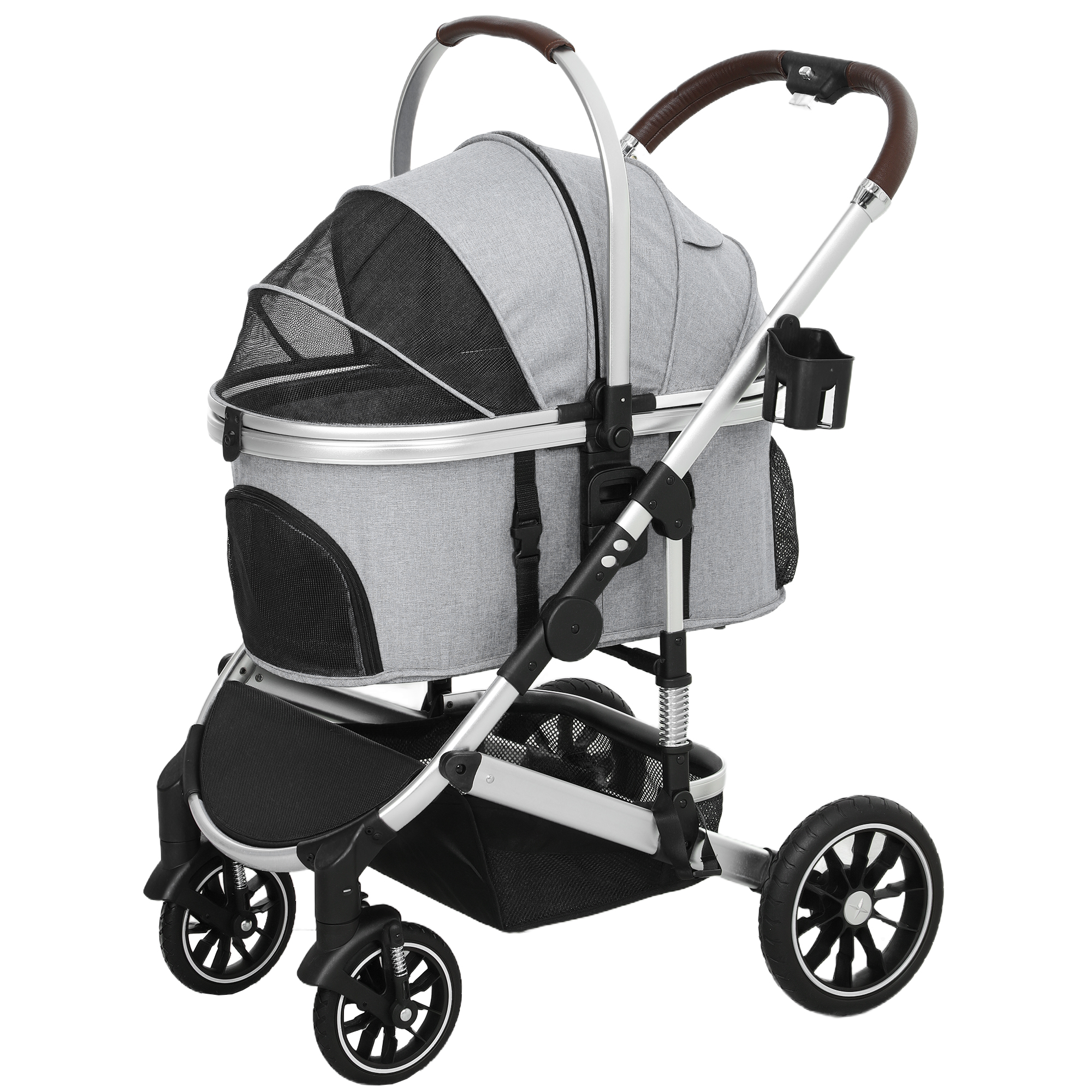 PawHut Hundewagen 3 in 1 Hundebuggy klappbar für Hunde & Katzen bis 10 kg Katzenbuggy mit Kissen Becherhalter Netzfenstern Türen Aufbewahrungskorb Katzenwagen Buggy Hellgrau   Aosom