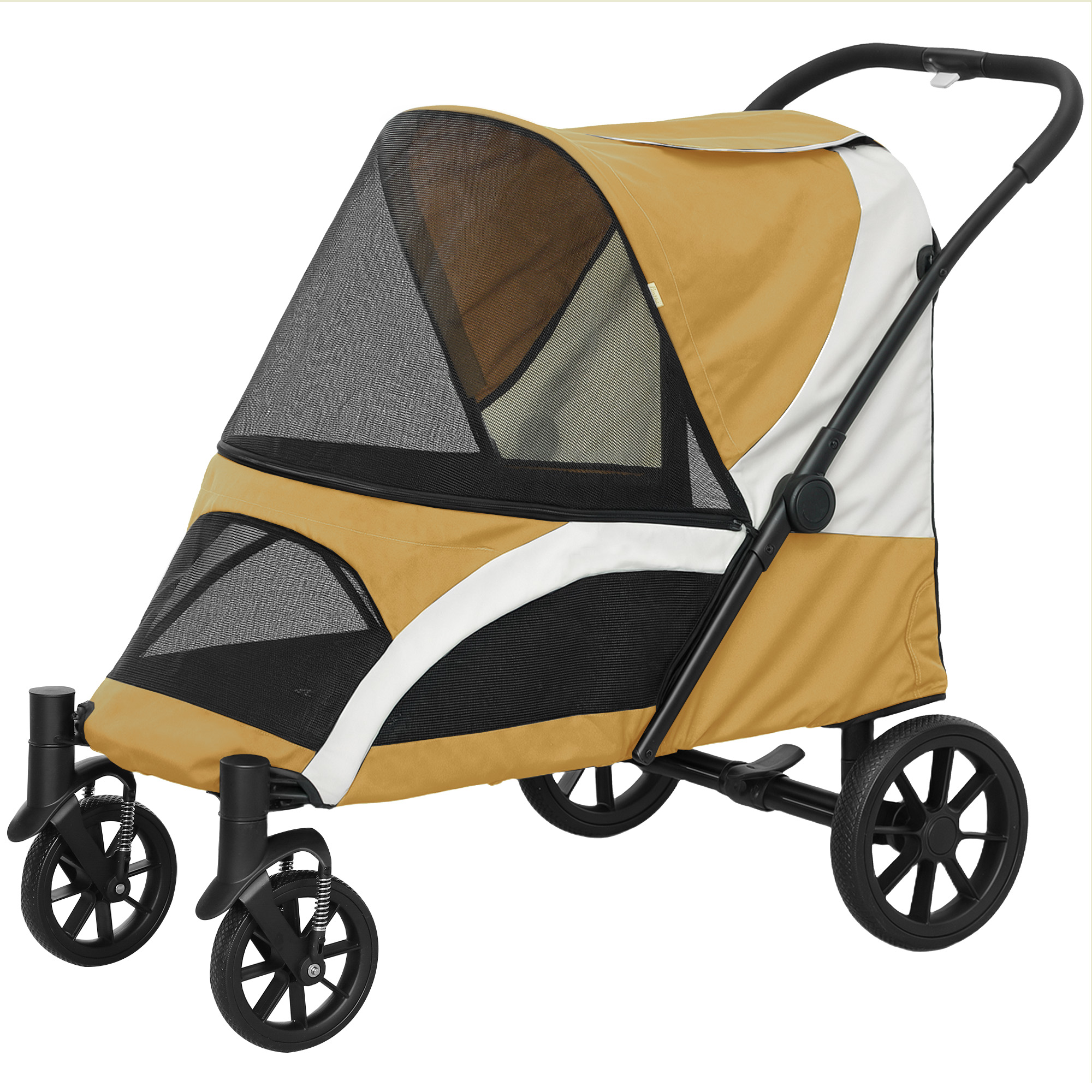 PawHut Hundewagen Hundebuggy klappbar für große Hunde & Katzen bis 30 kg Katzenbuggy mit Kissen Netzfenstern Türen Aufbewahrungstasche Katzenwagen mit Sicherheitsleinen, Bremsen, Buggy Braun   Aosom