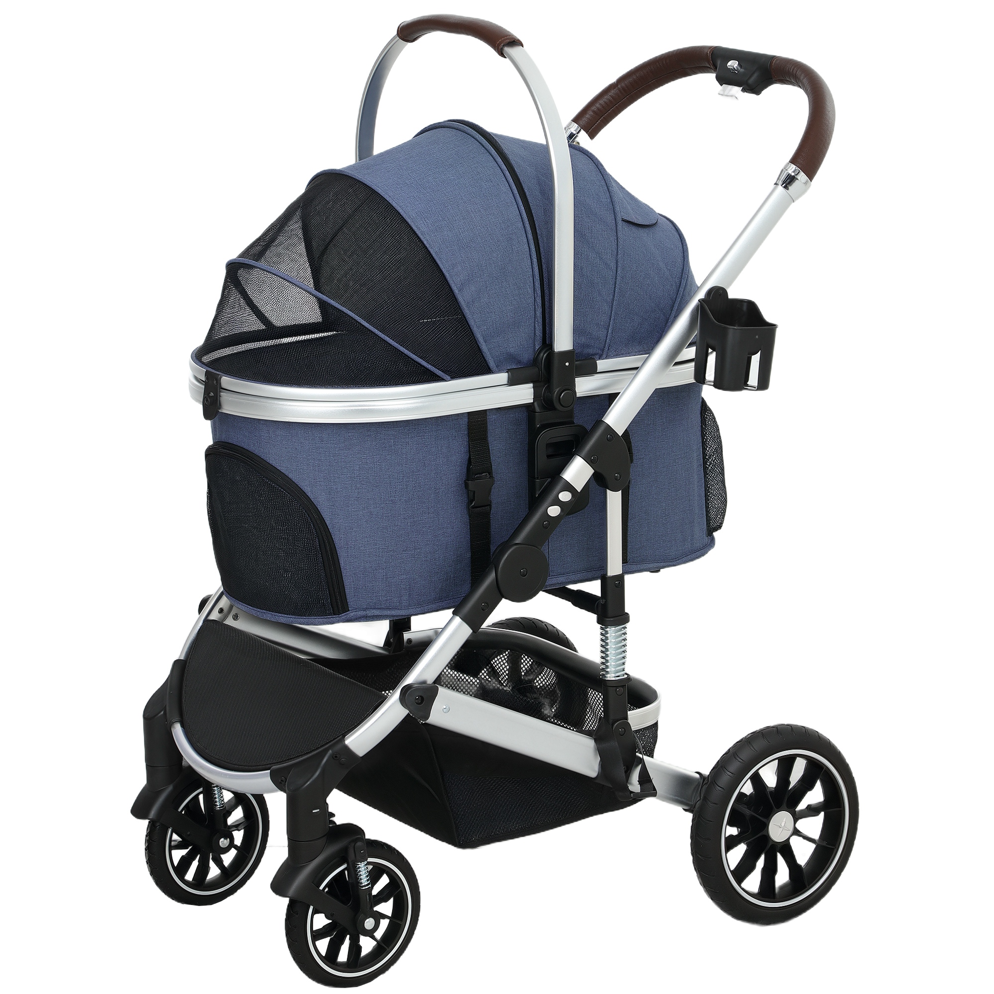 PawHut Hundewagen 3 in 1 Hundebuggy klappbar für Hunde & Katzen bis 10 kg Katzenbuggy mit Kissen Becherhalter Netzfenstern Türen Aufbewahrungskorb Katzenwagen Buggy Dunkelblau   Aosom