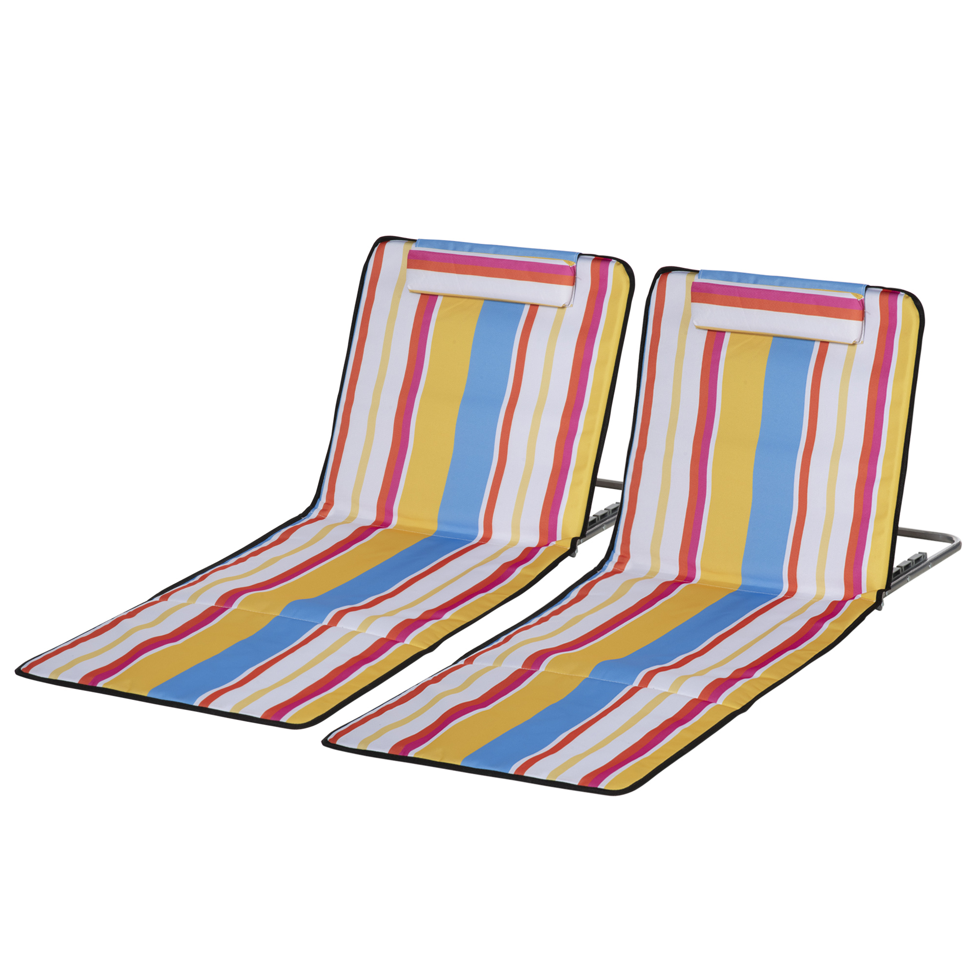 Outsunny Strandmatte, 2er Set Faltbare Strandliege mit Kopfkissen, 5-stufige Höhenverstellbare Strandmatratze mit Tragetasche, Stahl, Mehrfarbig, 134 x 48 x 33-43 cm Aosom