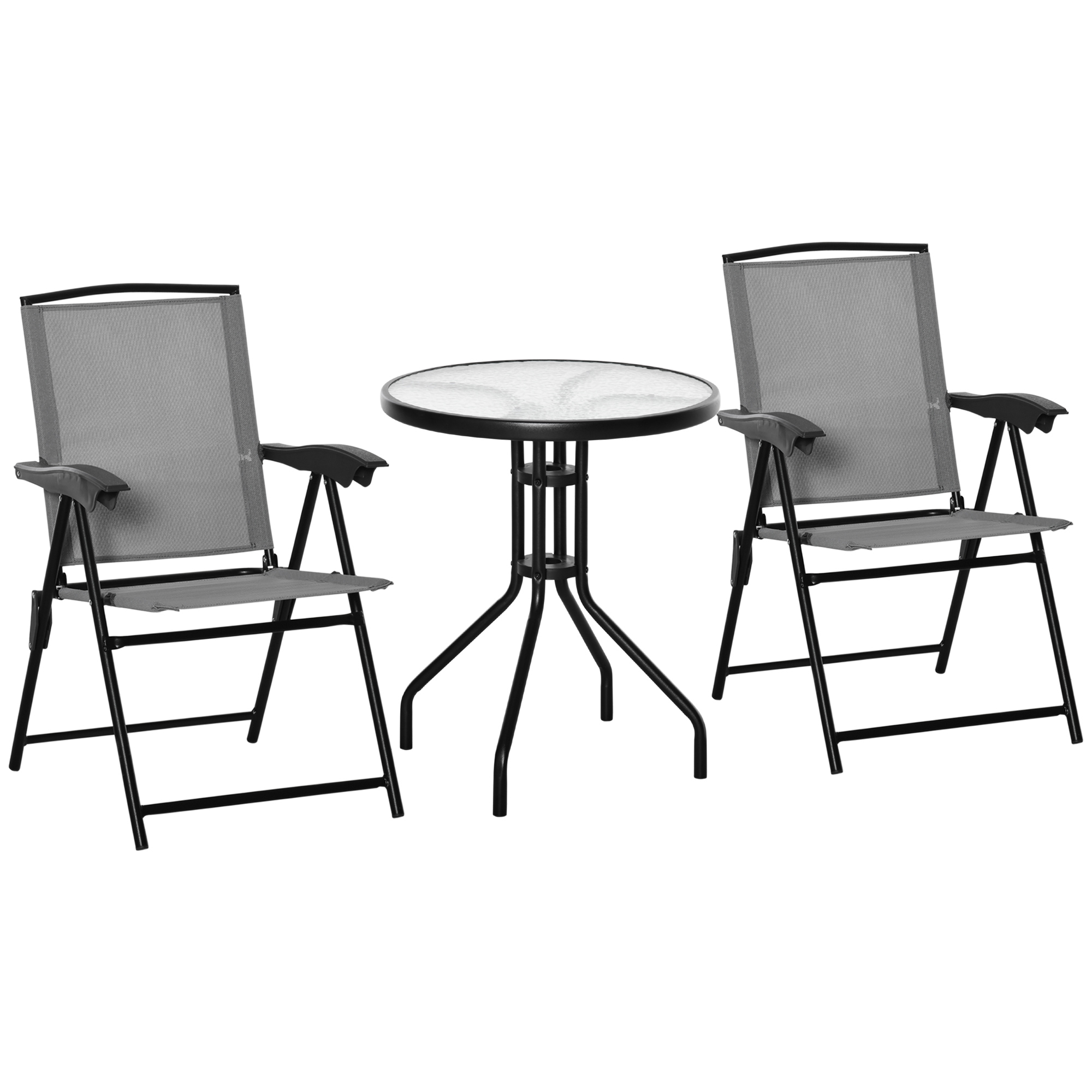 Outsunny 3-teiliges Gartenmöbelset, 2 klappbare Mehrpositions-Stühle + runder Tisch Gehärtetes Glas Stahl Textilene Grau Aosom