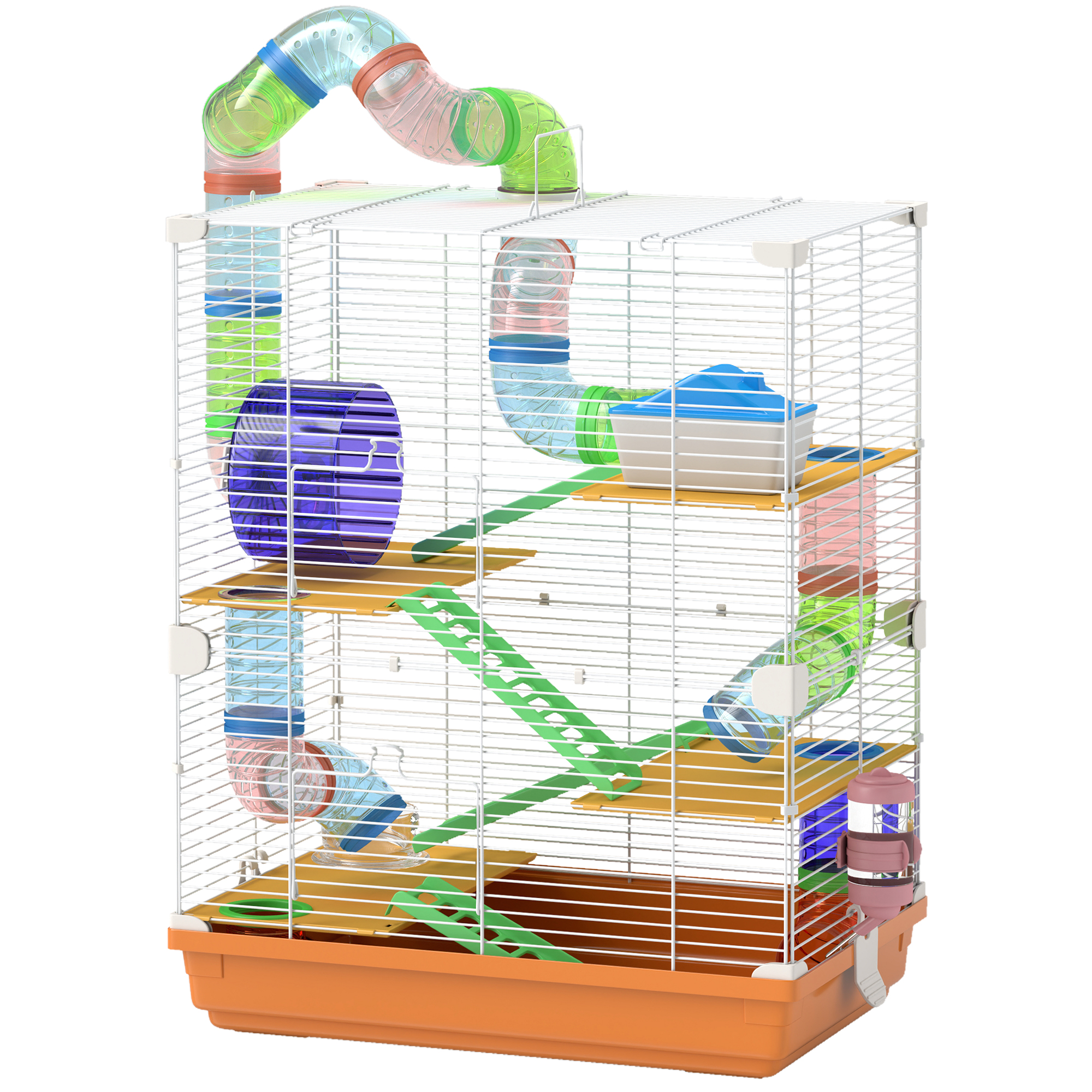 PawHut Käfig für Hamster Nagetier 4 Etagen mit Tunneln Futternapf Laufrad Häuschen Leitern Ø 46 x 30 x 58 cm Orange Aosom
