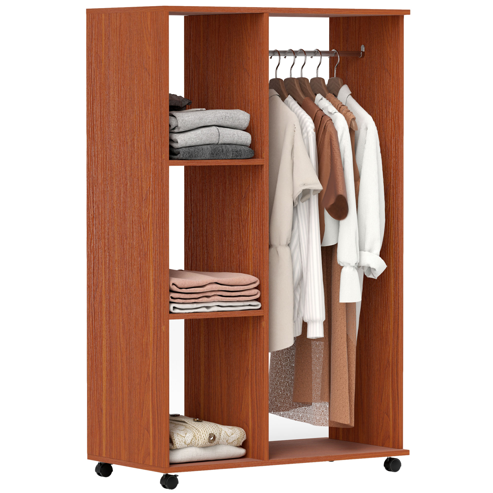 HOMCOM Kleiderschrank auf Rollen, mobile Garderobe, 1 Kleiderstange, 3 Regale, Garderobenschrank für Flur, Schlafzimmer, 80 x 40 x 128 cm, Walnussbraun Aosom