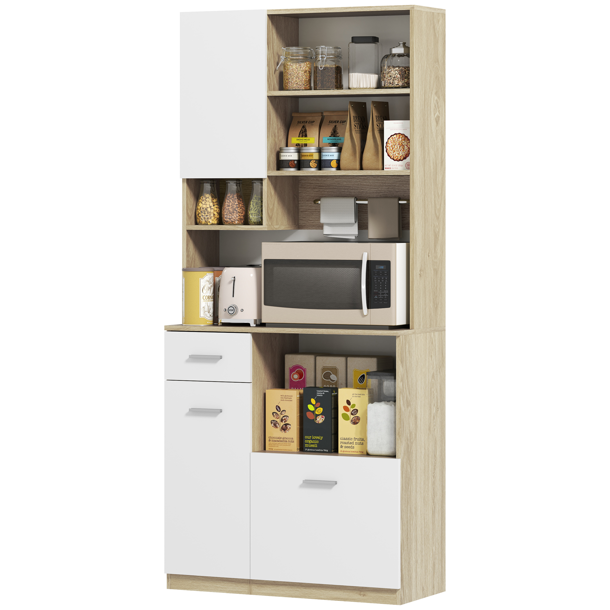 HOMCOM Küchenschrank Buffet Küchenschrank Vitrine Aufbewahrungsschrank modernes Design mit verstellbaren Regalen, Schublade, Arbeitsplatte, Kabelmanagement, für Esszimmer, Wohnzimmer, 80 x 35 x 180 cm, Holzoptik   Aosom